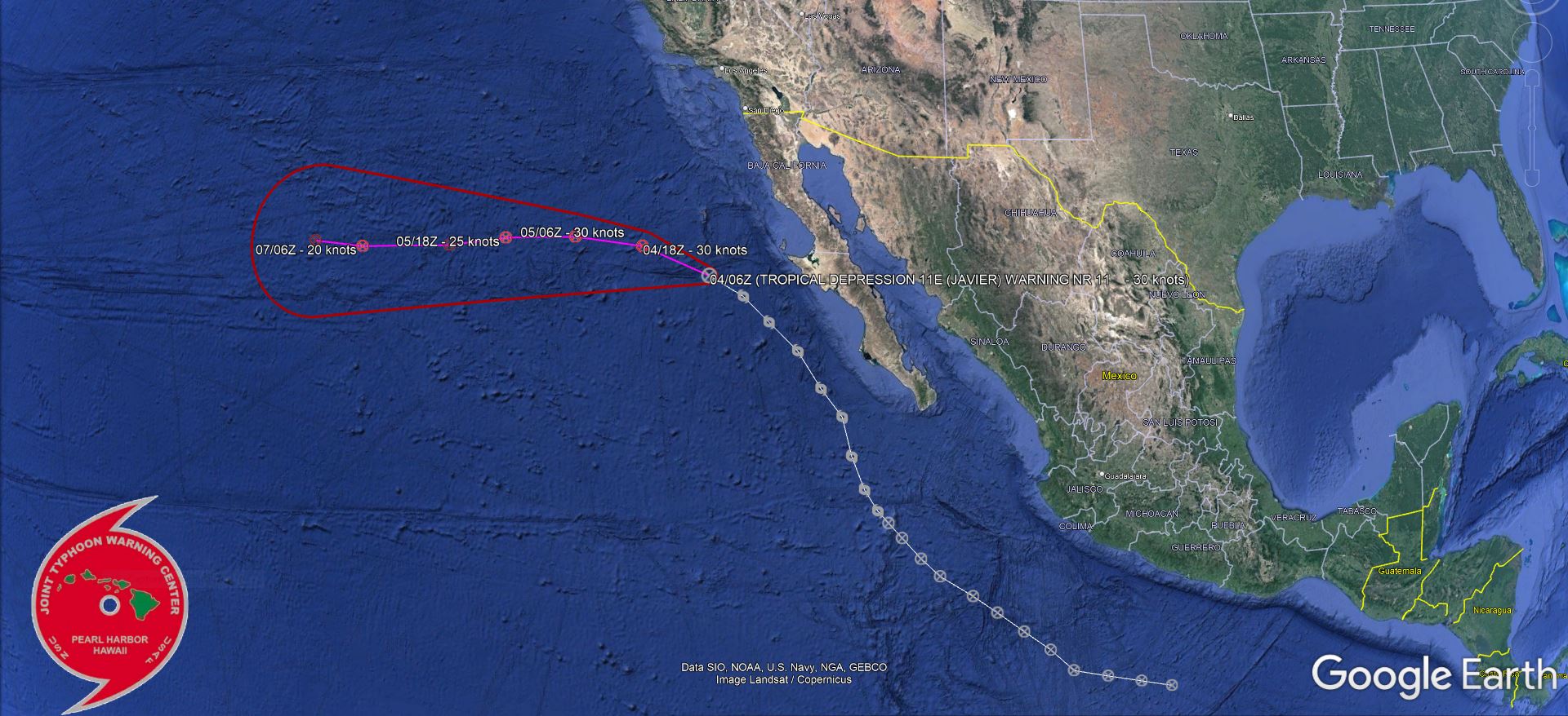 000 WTPZ41 KNHC 040837 TCDEP1  Post-Tropical Cyclone Javier Discussion Number  11 NWS National Hurricane Center Miami FL       EP112022 200 AM PDT Sun Sep 04 2022  There has been no significant deep convection associated with Javier for nearly 16 hours, and it's doubtful that any organized deep convection will attempt a comeback.  Accordingly, Javier has become a post-tropical remnant low and this will be the final NHC advisory on this system.  The initial intensity is lowered to 30 kt, which is in agreement with subjective satellite intensity estimates from TAFB and SAB.  The remnant low should  continue to gradually spin down over cooler sea surface  temperatures during the next several days, and the deterministic models indicate that the surface circulation will become a trough of low pressure toward the end of the week. The NHC intensity  forecast is similar to the previous one and is close to the  intensity model consensus.  The low continues to move away from the Baja California peninsula  and the initial motion estimate is 295/13 kt.  The cyclone should  turn westward soon in the low-level trade flow as a shallow remnant  low and maintain this general heading until it dissipates in 5 days.  This is the final NHC advisory on Javier.  For additional  information on the remnant low please see High Seas Forecasts  issued by the National Weather Service, under AWIPS header  NFDHSFEPI, WMO header FZPN02 KWBC, and on the web at ocean.weather.gov/shtml/NFDHSFEPI.php   FORECAST POSITIONS AND MAX WINDS  INIT  04/0900Z 27.2N 118.5W   30 KT  35 MPH...POST-TROPICAL  12H  04/1800Z 27.8N 120.5W   30 KT  35 MPH...POST-TROP/REMNT LOW  24H  05/0600Z 27.9N 123.1W   30 KT  35 MPH...POST-TROP/REMNT LOW  36H  05/1800Z 27.6N 125.8W   25 KT  30 MPH...POST-TROP/REMNT LOW  48H  06/0600Z 27.1N 128.0W   25 KT  30 MPH...POST-TROP/REMNT LOW  60H  06/1800Z 26.8N 130.0W   20 KT  25 MPH...POST-TROP/REMNT LOW  72H  07/0600Z 26.6N 131.6W   20 KT  25 MPH...POST-TROP/REMNT LOW  96H  08/0600Z 26.5N 133.7W   20 KT  25 MPH...POST-TROP/REMNT LOW 120H  09/0600Z...DISSIPATED  $$ Forecaster Roberts