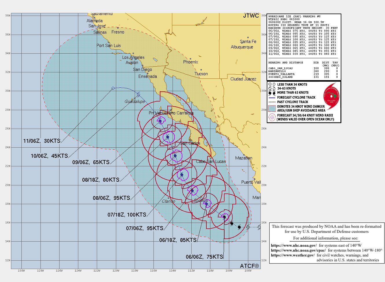 WTPZ42 KNHC 060848 TCDEP2  Hurricane Kay Discussion Number   8 NWS National Hurricane Center Miami FL       EP122022 300 AM MDT Tue Sep 06 2022  The satellite presentation of Kay has improved within the past  couple of hours.  A curved band with cloud top temperatures below  -85C has wrapped around the center and has formed a ragged  banding-type eye in infrared imagery.  The latest subjective and  objective Dvorak satellite estimates are all around 65 kt, but with  the earlier reconnaissance data supporting a higher intensity and  the recent improvement in structure, the initial intensity has been  raised to 75 kt.  Another Air Force Reserve reconnaissance aircraft  is scheduled to investigate Kay this afternoon.   The much-anticipated northwestward turn appears to have occurred,  and the initial motion estimate is now 310/11 kt.  Kay is forecast  to move on a northwestward heading during the next 24 to 36 hours  around a mid-level ridge centered over Mexico.  After that time,  the hurricane is forecast to turn north-northwestward, bringing the  core near the west-central coast of the Baja peninsula in 60-72  hours.  Some of the dynamical track models including the HWRF,  GFS and GFS ensemble mean, have made a noticeable eastward shift  over the past few cycles, while the ECMWF has changed little. The  updated NHC track forecast has been adjusted slightly east of the  previous advisory out of respect for the aforementioned models, but  it is not quite as far east as the latest GFS, GFS ensemble mean or  HFIP corrected consensus. The forecast is a blend of the ECMWF and  GFS and is just east of the simple consensus aids.     Kay's outflow remains somewhat constricted over the northeastern  quadrant due to moderate northeasterly shear.  However, the shear  is forecast to relax over the next 24 to 36 hours, and given the  recent improvement in organization, additional strengthening is  expected during that time.  The NHC forecast has been raised from  the previous advisory and is near the upper-end of the guidance in  best agreement with the SHIPS model.  After 36 hours, Kay will be  moving over decreasing sea surface temperatures and weakening  should begin.  Although Kay is likely to weaken before it makes  its closest approach to the west-central coast of the Baja  peninsula, it is forecast to remain a large and strong hurricane at  that time.  In addition, winds and rainfall impacts will extend far  form the center so users should not focus on the exact forecast  track.  The government of Mexico has issued a Tropical Storm Warning for  the southern portions of the Baja California peninsula.  Additional tropical storm or hurricane watches or warnings could be necessary for portions of Baja California later today.  KEY MESSAGES:  1. Heavy rainfall from Kay could lead to flash flooding, including  landslides, across portions of western Mexico, including the Baja  California peninsula, through Thursday night.  2. Tropical storm conditions are expected over portions of the  southern Baja California peninsula beginning Wednesday morning,  where a Tropical Storm Warning is now in effect.   3. While the details of the long-range track and intensity forecasts remain uncertain, there is increasing risk of significant wind, surf, and rainfall impacts across the central portion of the Baja California peninsula later this week.  A tropical storm or hurricane watch could be issued for that region later today.   FORECAST POSITIONS AND MAX WINDS  INIT  06/0900Z 17.0N 108.9W   75 KT  85 MPH  12H  06/1800Z 18.0N 110.4W   85 KT 100 MPH  24H  07/0600Z 19.4N 111.9W   95 KT 110 MPH  36H  07/1800Z 21.1N 113.0W  100 KT 115 MPH  48H  08/0600Z 23.1N 113.7W   95 KT 110 MPH  60H  08/1800Z 25.1N 114.5W   80 KT  90 MPH  72H  09/0600Z 26.8N 115.3W   65 KT  75 MPH  96H  10/0600Z 29.6N 117.6W   45 KT  50 MPH 120H  11/0600Z 30.3N 120.3W   30 KT  35 MPH...POST-TROP/REMNT LOW  $$ Forecaster Brown