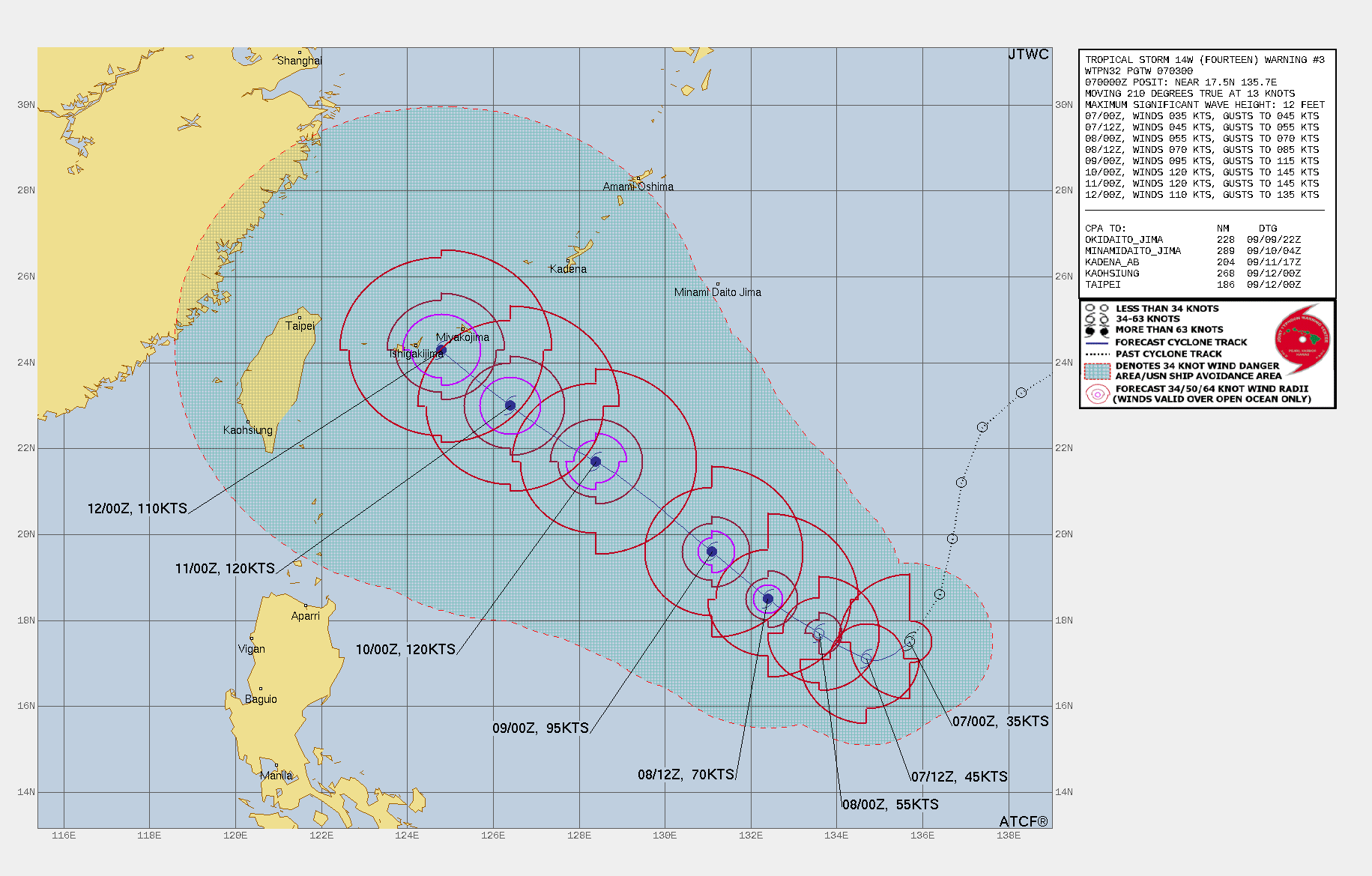 FORECAST REASONING.  SIGNIFICANT FORECAST CHANGES: THERE ARE NO SIGNIFICANT CHANGES TO THE FORECAST FROM THE PREVIOUS WARNING.  FORECAST DISCUSSION: TS 14W IS TRACKING SOUTHWESTWARD ALONG THE SOUTHEASTERN PERIPHERY OF THE SUBTROPICAL RIDGE (STR) POSITIONED TO  THE WEST, AND WILL GRADUALLY TURN WEST-SOUTHWESTWARD THROUGH TAU 12.  THE STR IS EXPECTED TO STRENGTHEN TO THE EAST AND REALIGN TO THE  NORTH WHICH WILL TURN THE SYSTEM WEST-NORTHWESTWARD TO NORTHWESTWARD  THROUGH TAU 120. A DEEP MIDLATITUDE SHORTWAVE TROUGH WILL DIG OVER  EASTERN CHINA AFTER TAU 96, WHICH COULD DRIVE THE SYSTEM MORE NORTHWESTWARD. TS 14W WILL STEADILY INTENSIFY THROUGH TAU 24 WITH RAPID INTENSIFICATION LIKELY FROM TAU 24 TO TAU 48 AS POLEWARD OUTFLOW IMPROVES AND THE SYSTEM TRACKS OVER WARM SST (30-31C) AND  VERY HIGH OCEAN HEAT CONTENT. FORECAST REASONING.  SIGNIFICANT FORECAST CHANGES: THERE ARE NO SIGNIFICANT CHANGES TO THE FORECAST FROM THE PREVIOUS WARNING.  FORECAST DISCUSSION: TS 14W IS TRACKING SOUTHWESTWARD ALONG THE SOUTHEASTERN PERIPHERY OF THE SUBTROPICAL RIDGE (STR) POSITIONED TO  THE WEST, AND WILL GRADUALLY TURN WEST-SOUTHWESTWARD THROUGH TAU 12.  THE STR IS EXPECTED TO STRENGTHEN TO THE EAST AND REALIGN TO THE  NORTH WHICH WILL TURN THE SYSTEM WEST-NORTHWESTWARD TO NORTHWESTWARD  THROUGH TAU 120. A DEEP MIDLATITUDE SHORTWAVE TROUGH WILL DIG OVER  EASTERN CHINA AFTER TAU 96, WHICH COULD DRIVE THE SYSTEM MORE NORTHWESTWARD. TS 14W WILL STEADILY INTENSIFY THROUGH TAU 24 WITH RAPID INTENSIFICATION LIKELY FROM TAU 24 TO TAU 48 AS POLEWARD OUTFLOW IMPROVES AND THE SYSTEM TRACKS OVER WARM SST (30-31C) AND  VERY HIGH OCEAN HEAT CONTENT.