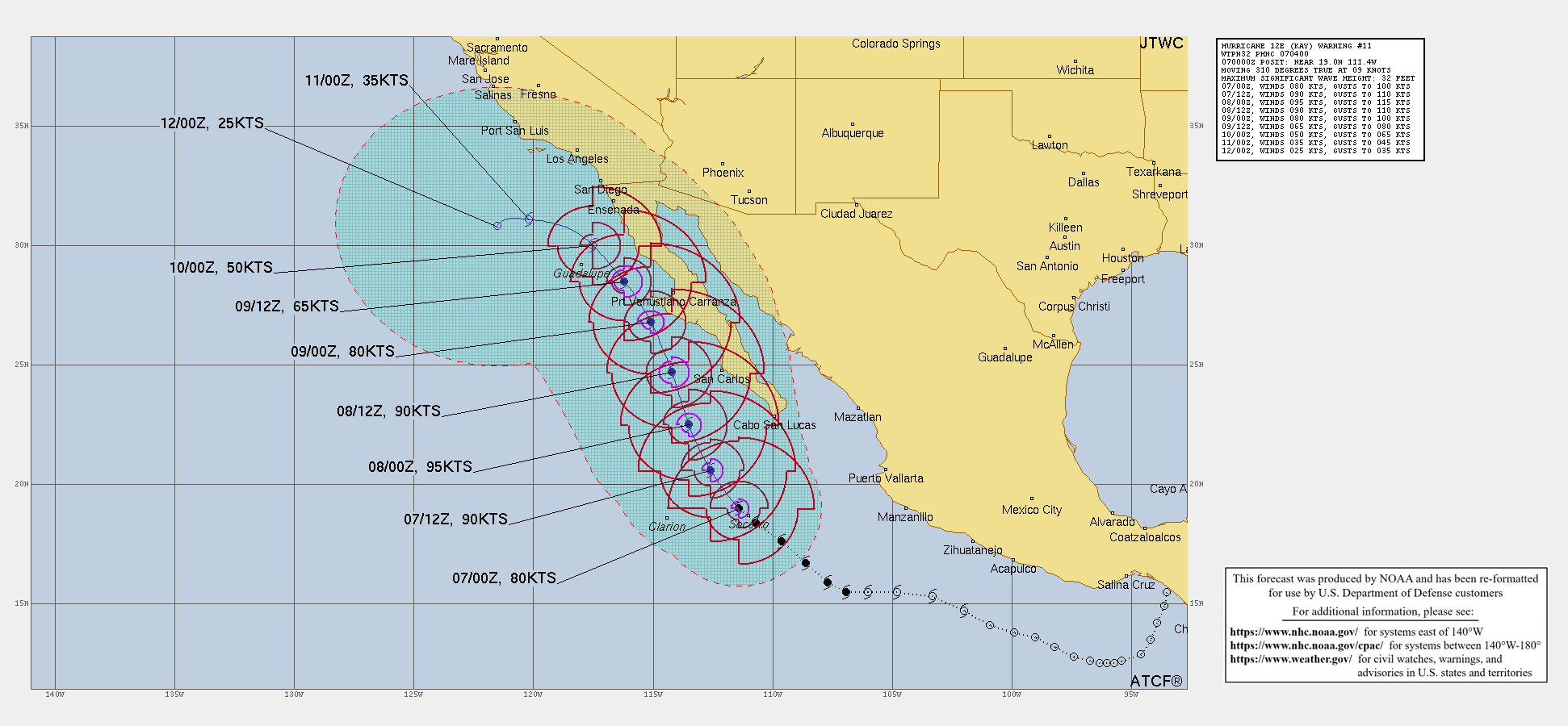 000 WTPZ42 KNHC 070243 TCDEP2 Hurricane Kay Discussion Number 11 NWS National Hurricane Center Miami FL EP122022 900 PM MDT Tue Sep 06 2022 Kay looks slightly better organized on satellite imagery with a broad eye-like feature surrounded by curved bands of strong convection. Upper-level outflow is strong over all but the northwestern portion of the circulation. The current intensity is bumped up slightly to 80 kt which is a compromise between highly varied subjective and objective Dvorak estimates. It should be noted there is a greater than usual amount of uncertainty in the advisory intensity. Vertical wind shear on Kay is forecast to be low, and the system is expected to remain in a fairly moist mid-level air mass for the next few days. These factors should lead to further short-term strengthening. However, SSTs will be decreasing significantly in 24 to 36 hours, which will likely result in a weakening trend commencing on Thursday. Later in the forecast period, very cool waters should result in Kay becoming a post-tropical cyclone after it passes near the northern Baja California in around 96 hours. This is consistent with simulated satellite imagery from the global models that show little or no associated deep convection around that time. The official intensity forecast is above the guidance models, especially for the first half of the forecast period. Kay continues northwestward, moving at about 320/11 kt. There is little change to the track forecast reasoning. A ridge to the northeast of the cyclone is expected to result in a mostly north-northwestward motion for the next few days. This should bring the core of the of Kay very near the west-central Baja California coast on Thursday and Friday. Later in the forecast period, low-level ridging is expected to cause the weakening cyclone to turn westward. The NHC track forecast is close to the previous one and also close to the corrected multi-model consensus. Kay is a very large tropical cyclone. It is producing an extensive area of high seas, with swells affecting portions of southwestern Mexico and the southern Baja California peninsula. Although Kay is likely to weaken before it makes its closest approach to the west-central coast of the Baja peninsula, it is forecast to remain a large and dangerous hurricane through that time. In addition, high wind, surf, and rainfall impacts will extend far from the center so users should not focus on the exact forecast track. KEY MESSAGES: 1. Heavy rainfall from Kay could lead to flash flooding, including landslides, across portions of the Baja California peninsula and mainland northwestern Mexico through Friday. 2. Tropical storm conditions are expected over portions of the Baja California peninsula beginning Wednesday morning, where a Tropical Storm Warning is in effect. 3. Hurricane conditions are possible along portions of the west-central Baja California coast on Thursday, where a hurricane watch has been issued. Additional tropical storm watches and warnings for the northern Baja California peninsula could be required later tonight and Wednesday. FORECAST POSITIONS AND MAX WINDS INIT 07/0300Z 19.5N 111.7W 80 KT 90 MPH 12H 07/1200Z 20.6N 112.6W 90 KT 105 MPH 24H 08/0000Z 22.5N 113.5W 95 KT 110 MPH 36H 08/1200Z 24.7N 114.2W 90 KT 105 MPH 48H 09/0000Z 26.8N 115.1W 80 KT 90 MPH 60H 09/1200Z 28.5N 116.2W 65 KT 75 MPH 72H 10/0000Z 30.0N 117.5W 50 KT 60 MPH 96H 11/0000Z 31.1N 120.2W 35 KT 40 MPH...POST-TROPICAL 120H 12/0000Z 30.8N 121.5W 25 KT 30 MPH...POST-TROP/REMNT LOW $$ Forecaster Pasch 000 WTPZ42 KNHC 070243 TCDEP2 Hurricane Kay Discussion Number 11 NWS National Hurricane Center Miami FL EP122022 900 PM MDT Tue Sep 06 2022 Kay looks slightly better organized on satellite imagery with a broad eye-like feature surrounded by curved bands of strong convection. Upper-level outflow is strong over all but the northwestern portion of the circulation. The current intensity is bumped up slightly to 80 kt which is a compromise between highly varied subjective and objective Dvorak estimates. It should be noted there is a greater than usual amount of uncertainty in the advisory intensity. Vertical wind shear on Kay is forecast to be low, and the system is expected to remain in a fairly moist mid-level air mass for the next few days. These factors should lead to further short-term strengthening. However, SSTs will be decreasing significantly in 24 to 36 hours, which will likely result in a weakening trend commencing on Thursday. Later in the forecast period, very cool waters should result in Kay becoming a post-tropical cyclone after it passes near the northern Baja California in around 96 hours. This is consistent with simulated satellite imagery from the global models that show little or no associated deep convection around that time. The official intensity forecast is above the guidance models, especially for the first half of the forecast period. Kay continues northwestward, moving at about 320/11 kt. There is little change to the track forecast reasoning. A ridge to the northeast of the cyclone is expected to result in a mostly north-northwestward motion for the next few days. This should bring the core of the of Kay very near the west-central Baja California coast on Thursday and Friday. Later in the forecast period, low-level ridging is expected to cause the weakening cyclone to turn westward. The NHC track forecast is close to the previous one and also close to the corrected multi-model consensus. Kay is a very large tropical cyclone. It is producing an extensive area of high seas, with swells affecting portions of southwestern Mexico and the southern Baja California peninsula. Although Kay is likely to weaken before it makes its closest approach to the west-central coast of the Baja peninsula, it is forecast to remain a large and dangerous hurricane through that time. In addition, high wind, surf, and rainfall impacts will extend far from the center so users should not focus on the exact forecast track. KEY MESSAGES: 1. Heavy rainfall from Kay could lead to flash flooding, including landslides, across portions of the Baja California peninsula and mainland northwestern Mexico through Friday. 2. Tropical storm conditions are expected over portions of the Baja California peninsula beginning Wednesday morning, where a Tropical Storm Warning is in effect. 3. Hurricane conditions are possible along portions of the west-central Baja California coast on Thursday, where a hurricane watch has been issued. Additional tropical storm watches and warnings for the northern Baja California peninsula could be required later tonight and Wednesday. FORECAST POSITIONS AND MAX WINDS INIT 07/0300Z 19.5N 111.7W 80 KT 90 MPH 12H 07/1200Z 20.6N 112.6W 90 KT 105 MPH 24H 08/0000Z 22.5N 113.5W 95 KT 110 MPH 36H 08/1200Z 24.7N 114.2W 90 KT 105 MPH 48H 09/0000Z 26.8N 115.1W 80 KT 90 MPH 60H 09/1200Z 28.5N 116.2W 65 KT 75 MPH 72H 10/0000Z 30.0N 117.5W 50 KT 60 MPH 96H 11/0000Z 31.1N 120.2W 35 KT 40 MPH...POST-TROPICAL 120H 12/0000Z 30.8N 121.5W 25 KT 30 MPH...POST-TROP/REMNT LOW $$ Forecaster Pasch