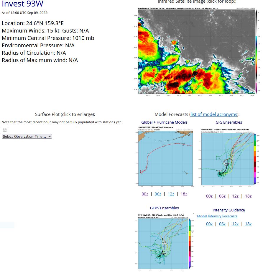 AN AREA OF CONVECTION (INVEST 93W) HAS PERSISTED NEAR 24.7N  159.6E, APPROXIMATELY 343 NM SOUTHEAST OF WAKE ISLAND.  ANIMATED  INFRARED SATELLITE IMAGERY SHOW A FULLY EXPOSED LOW LEVEL CIRCULATION  TRACKING TO THE WEST. HIMAWARI-8 090300Z ENVIRONMENTAL ANALYSIS SHOWS  93W IS IN A LOW (10-15 KNOTS) VERTICAL WIND SHEAR ENVIRONMENT WITH  GOOD EQUATORIAL OUTFLOW, BOTH FAVORABLE FOR DEVELOPMENT. GLOBAL MODELS  ARE ALL IN AGREEMENT THAT 93W WILL TRACK NORTH AND DEVELOP OVER THE  NEXT SEVERAL DAYS. SEA SURFACE TEMPERATURES ARE 28-29C, MAXIMUM  SUSTAINED SURFACE WINDS ARE ESTIMATED AT 10 TO 15 KNOTS. MINIMUM SEA  LEVEL PRESSURE IS ESTIMATED TO BE NEAR 1010 MB. THE POTENTIAL FOR THE  DEVELOPMENT OF A SIGNIFICANT TROPICAL CYCLONE WITHIN THE NEXT 24 HOURS  IS LOW.