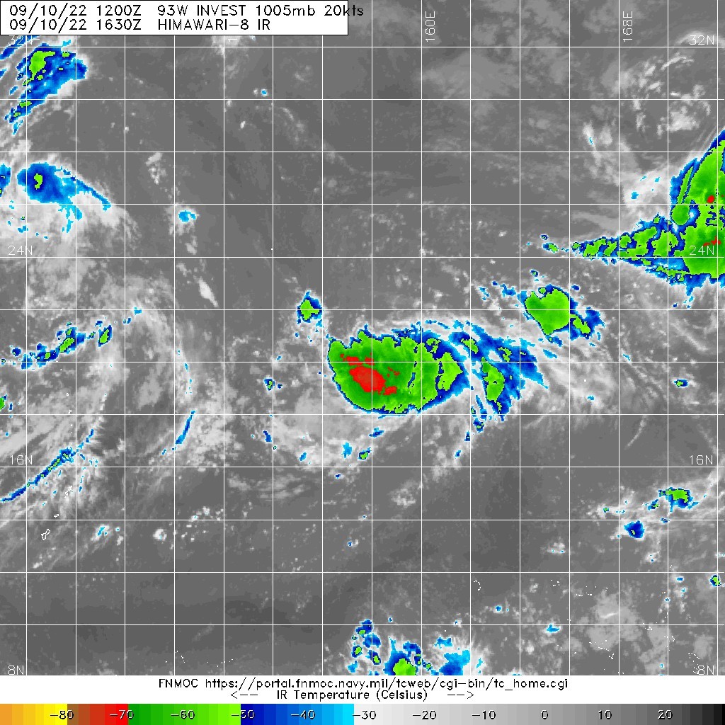 THE AREA OF CONVECTION (INVEST 93W) PREVIOUSLY LOCATED NEAR  24.7N 159.6E IS NOW LOCATED NEAR 21.5N 158.4E, APPROXIMATELY 962 NM  EAST OF IWO TO. ANIMATED MULTISPECTRAL (MSI) SATELLITE IMAGERY AND A  091823Z SSMIS 91GHZ MICROWAVE IMAGE DEPICT A LOW LEVEL CIRCULATION  (LLC) WITH DEEP CONVECTION IN THE SOUTHERN SEMI-CIRCLE. ENVIRONMENTAL  ANALYSIS INDICATES A MARGINALLY FAVORABLE ENVIRONMENT FOR TROPICAL  DEVELOPMENT WITH MODERATE (15-20 KNOTS) VERTICAL WIND SHEAR, GOOD  NORTHWESTWARD OUTFLOW, AND WARM (28-29C) SEA SURFACE TEMPERATURES.  GLOBAL MODELS ARE IN AGREEMENT THAT INVEST 93W WILL TRACK NORTH- NORTHEAST AND CONTINUE TO CONSOLIDATE OVER THE NEXT 36-48 HOURS.  MAXIMUM SUSTAINED SURFACE WINDS ARE ESTIMATED AT 18 TO 23 KNOTS.  MINIMUM SEA LEVEL PRESSURE IS ESTIMATED TO BE NEAR 1006 MB. THE  POTENTIAL FOR THE DEVELOPMENT OF A SIGNIFICANT TROPICAL CYCLONE  WITHIN THE NEXT 24 HOURS REMAINS MEDIUM.