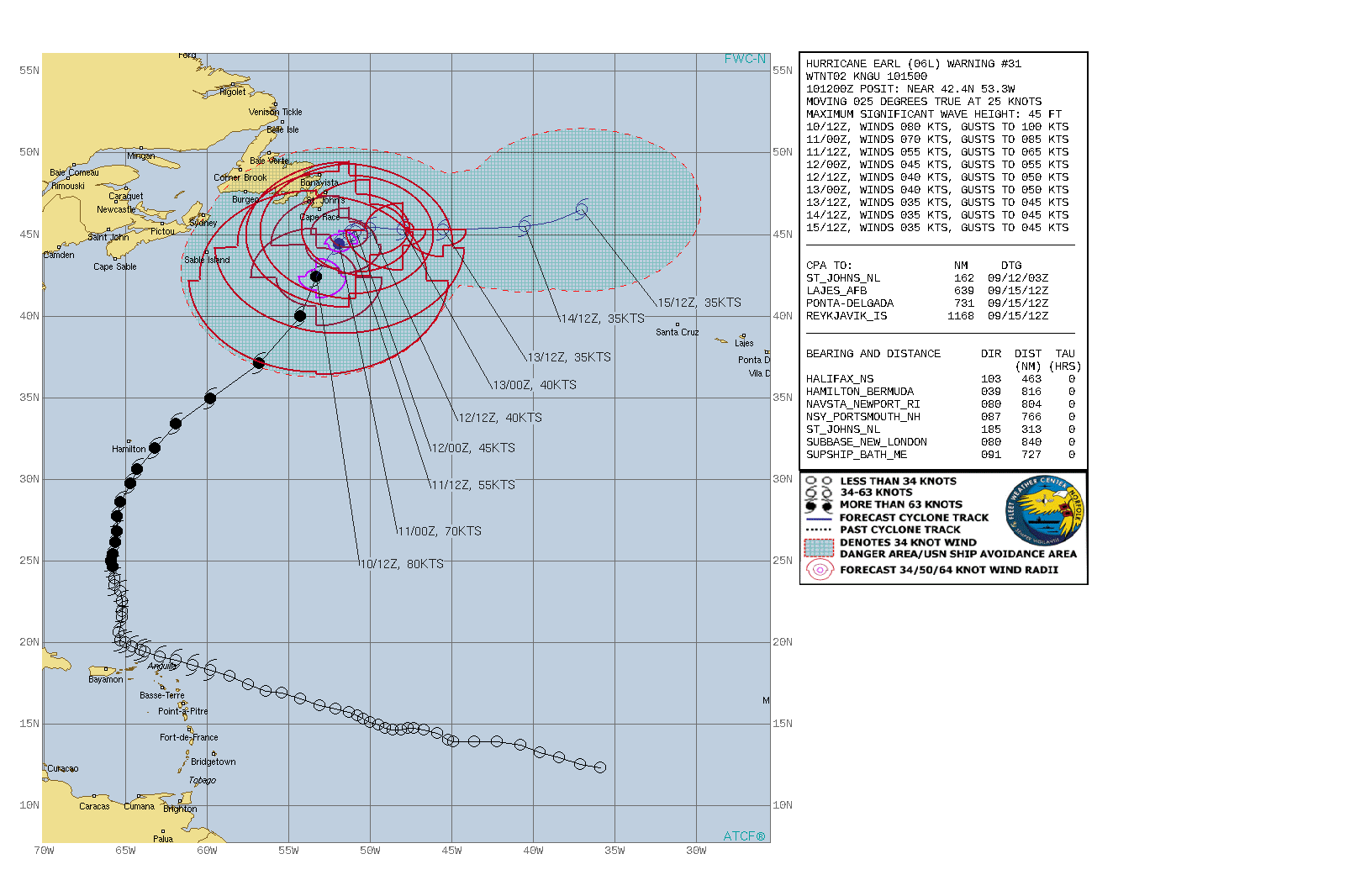 000 WTNT41 KNHC 101436 TCDAT1  Hurricane Earl Discussion Number  31 NWS National Hurricane Center Miami FL       AL062022 1100 AM AST Sat Sep 10 2022  Earl continues to undergo extratropical transition as it merges  with the mid-latitude trough seen in GOES-16 airmass imagery near  and to the west of the hurricane.  The central convection is  starting to shear away from the low-level center and cold-air clouds  are wrapping around the south side of the circulation. The initial  intensity is reduced to 80 kt based on a combination of subjective  and objective Dvorak intensity estimates.  Earl should complete extratropical transition during the next 6 h  or so, with the system maintaining  hurricane-force winds during  this time.  After that, the cyclone is expected to gradually weaken  during the next 72 h as it moves over the open North Atlantic.  The  new intensity forecast has been adjusted downward during the first  48 h to match the trend of the intensity guidance, and then is  similar to the previous forecast.  Earl has turned a little to the left and slowed its forward motion  since the last advisory, with the initial motion now 025/25 kt.  As  Earl merges with the mid-latitude trough, an additional  significant decease in forward speed is expected during the next 12  h, followed by a slow northeastward motion that should continue  through Sunday night.  Subsequently, Earl should be steered  generally eastward by the mid-latitude westerlies.  The new  forecast track has been shifted to the northwest of the previous  track during the first 36 h and is close to the previous track  thereafter. The northwestward shift of the track, along with  Earl's large wind field, is expected to lead to strong winds  occurring over the Avalon Peninsula of Newfoundland beginning this  afternoon and continuing through Sunday.  For additional information  on impacts in Newfoundland, please monitor forecasts and warnings  from Environment Canada.   KEY MESSAGES:  1. Strong winds are expected over the Avalon Peninsula of Newfoundland beginning this afternoon and continuing through Sunday, after Earl becomes a post-tropical low.  2. Large swells generated by Earl will affect Bermuda, portions of the U.S. East Coast, and Nova Scotia and Newfoundland during the next several days.  These swells are likely to cause life-threatening surf and rip current conditions.  Please consult products from your local weather office.   FORECAST POSITIONS AND MAX WINDS  INIT  10/1500Z 42.9N  53.0W   80 KT  90 MPH  12H  11/0000Z 44.4N  51.9W   70 KT  80 MPH...POST-TROP/EXTRATROP  24H  11/1200Z 45.0N  51.3W   55 KT  65 MPH...POST-TROP/EXTRATROP  36H  12/0000Z 45.2N  50.9W   45 KT  50 MPH...POST-TROP/EXTRATROP  48H  12/1200Z 45.4N  50.0W   40 KT  45 MPH...POST-TROP/EXTRATROP  60H  13/0000Z 45.3N  48.0W   40 KT  45 MPH...POST-TROP/EXTRATROP  72H  13/1200Z 45.3N  45.5W   35 KT  40 MPH...POST-TROP/EXTRATROP  96H  14/1200Z 45.5N  40.5W   35 KT  40 MPH...POST-TROP/EXTRATROP 120H  15/1200Z 46.5N  37.0W   35 KT  40 MPH...POST-TROP/EXTRATROP  $$ Forecaster Beven