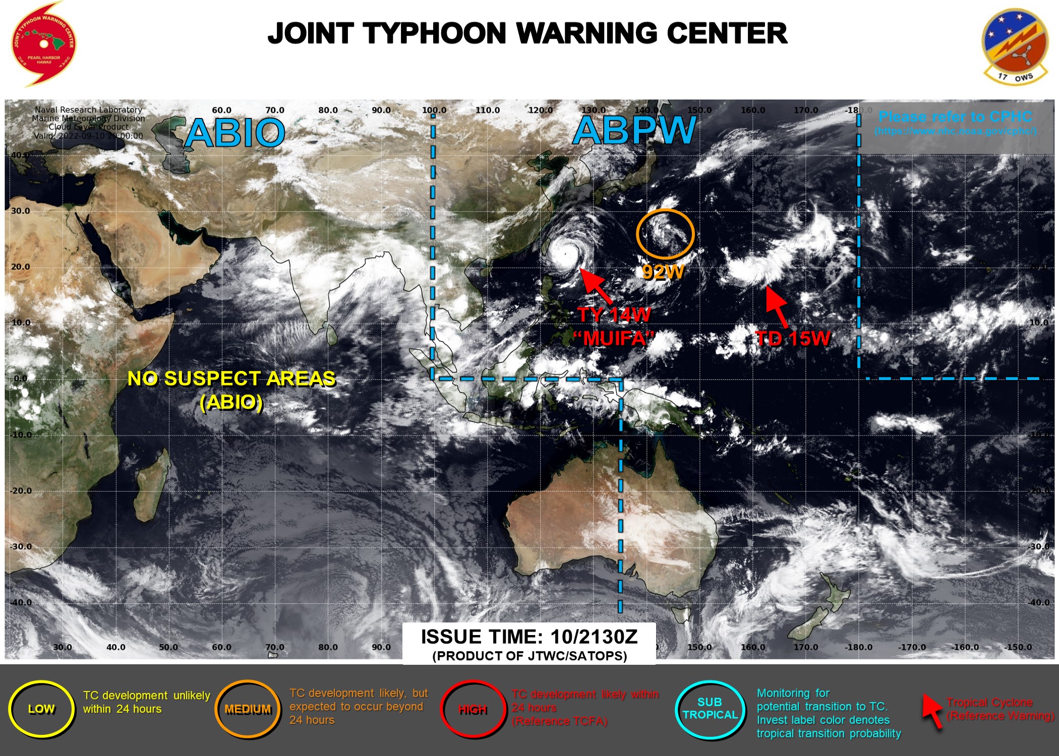 JTWC IS ISSUING 6HOURLY WARNINGS AND 3HOURLY SATELLITE BULLETINS ON 14W(MUIFA) AND 15W.