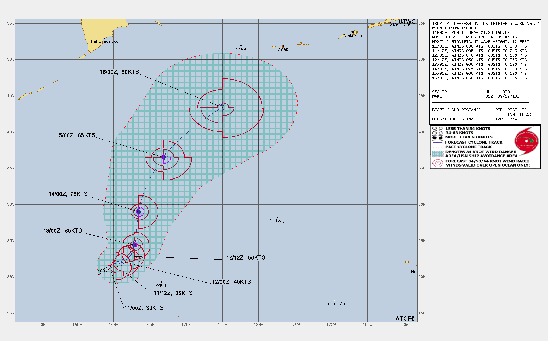 FORECAST REASONING.  SIGNIFICANT FORECAST CHANGES: THERE ARE NO SIGNIFICANT CHANGES TO THE FORECAST FROM THE PREVIOUS WARNING.  FORECAST DISCUSSION: TD 15W HAS MAINTAINED A BROAD LOW-LEVEL  CIRCULATION CENTER WITH FORMATIVE BANDING WITHIN A MARGINALLY- FAVORABLE ENVIRONMENT WHILE TRACKING SLOWLY EAST-NORTHEASTWARD ALONG  THE NORTHWEST PERIPHERY OF THE NEAR-EQUATORIAL RIDGE. THIS TRACK  MOTION WILL CONTINUE THROUGH TAU 24. AFTER TAU 24, THE STEERING  ENVIRONMENT WILL EVOLVE AS THE STRONG TUTT CELL TO THE NORTHEAST  TRACKS WESTWARD AND THE SUBTROPICAL RIDGE TO THE EAST AND NORTHEAST  RE-ALIGNS INTO A NORTH-SOUTH CONFIGURATION, WHICH WILL STEER TD 15W  NORTHWARD THROUGH TAU 72. ENVIRONMENTAL CONDITIONS SHOULD GRADUALLY  IMPROVE AS THE TUTT CELL SHIFTS TO THE NORTH, PROVIDING A ROBUST  POLEWARD OUTFLOW CHANNEL WHICH WILL AID IN INTENSIFICATION. THE PEAK  INTENSITY OF 75 KNOTS IS EXPECTED AROUND TAU 72 OVER WARM SST (28C).  AFTER TAU 72, SST WILL GRADUALLY COOL WITH EXTRA-TROPICAL TRANSITION  (ETT) EXPECTED TO COMMENCE BY TAU 96 AS THE SYSTEM BEGINS TO INTERACT  WITH THE MIDLATITUDE WESTERLIES AND BAROCLINIC ZONE. TD 15W WILL  COMPLETE ETT BY TAU 120 AS IT GAINS FRONTAL CHARACTERISTICS AND  ACCELERATES NORTHEASTWARD WITHIN THE STRONG MIDLATITUDE SOUTHWESTERLY  FLOW.