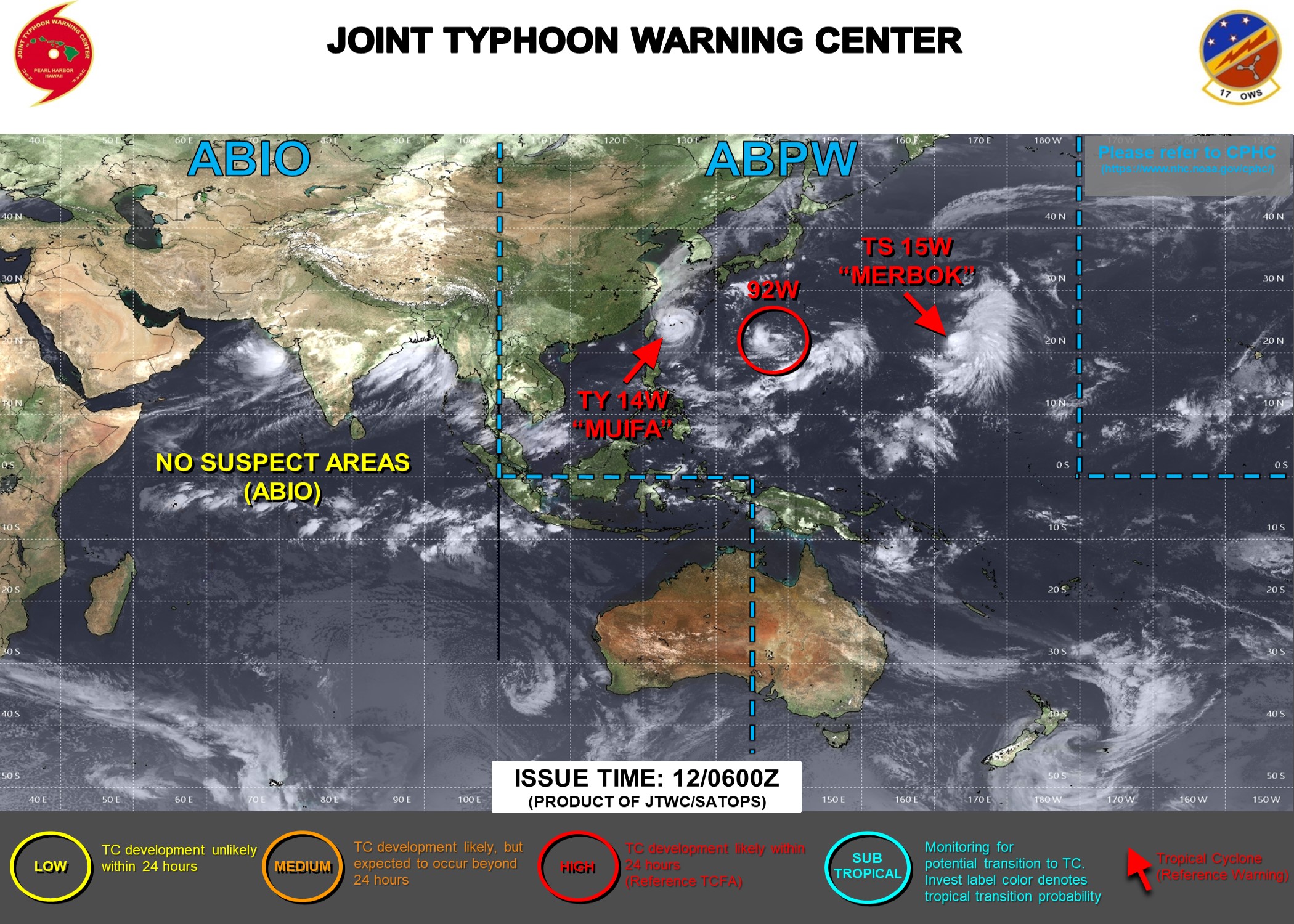 JTWC IS ISSUING 6HOURLY WARNINGS AND 3HOURLY SATELLITE BULLETINS ON 14W(MUIFA) AND 15W(MERBOK). 3HOURLY SATELLITE BULLETINS ARE ISSUED ON INVEST 92W.