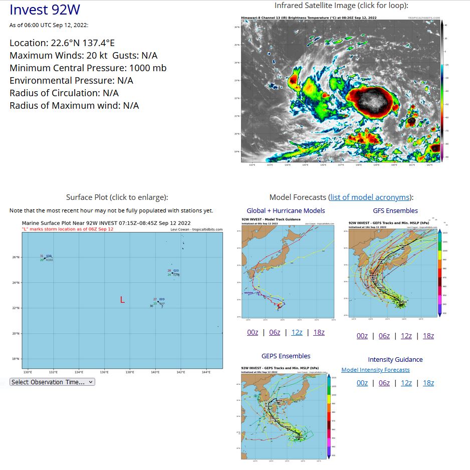 THE AREA OF CONVECTION (INVEST 92W) PREVIOUSLY LOCATED NEAR  26.8N 143.4E IS NOW LOCATED NEAR 22.9N 139.1E, APPROXIMATELY 165 NM  SOUTHWEST OF IWO TO. ANIMATED MULTISPECTRAL SATELLITE IMAGERY DEPICTS  A BROAD LOW LEVEL CIRCULATION (LLC) WITH CONVECTIVE BANDING IN THE  SOUTHWESTERN PERIPHERY OF THE LLC. ENVIRONMENTAL ANALYSIS INDICATES A  MARGINALLY FAVORABLE ENVIRONMENT. THE SYSTEM SITS BELOW A WEAK UPPER  LEVEL LOW WITH LIMITED EQUATORWARD OUTFLOW, LOW (5-10 KNOTS) VERTICAL  WIND SHEAR AND WARM (29-30C) SEA SURFACE TEMPERATURES. GLOBAL MODELS  ARE IN RELATIVE AGREEMENT THAT INVEST 92W WILL REMAIN GENERALLY QUASI- STATIONARY OVER THE NEXT 24-36 HOURS. MAXIMUM SUSTAINED SURFACE WINDS  ARE ESTIMATED AT 18 TO 23 KNOTS. MINIMUM SEA LEVEL PRESSURE IS  ESTIMATED TO BE NEAR 1000 MB. THE POTENTIAL FOR THE DEVELOPMENT OF A  SIGNIFICANT TROPICAL CYCLONE WITHIN THE NEXT 24 HOURS REMAINS  HIGH.