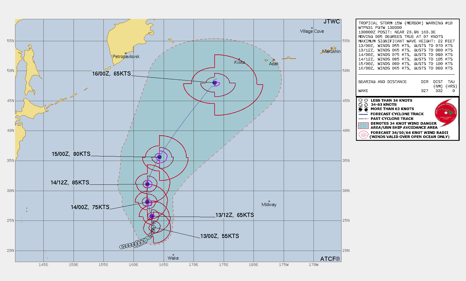 FORECAST REASONING.  SIGNIFICANT FORECAST CHANGES: THERE ARE NO SIGNIFICANT CHANGES TO THE FORECAST FROM THE PREVIOUS WARNING.  FORECAST DISCUSSION: TS 15W WILL TRACK POLEWARD THROUGH TAU 36 AND TURN TOWARD THE NORTH-NORTHEAST FOR THE REMAINDER OF THE FORECAST PERIOD FOLLOWING THE FLOW ASSOCIATED WITH SUBTROPICAL RIDGING TO THE EAST AND NORTHEAST. STEADY INTENSIFICATION WILL LIKELY CONTINUE FOR THE NEXT 36 HOURS AS THE SYSTEM PASSES OVER WARM WATER, VERTICAL WIND SHEAR REMAINS LOW AND THE OUTFLOW PATTERN IS GENERALLY SUPPORTIVE. THEREAFTER, COOLING ALONG-TRACK SEA SURFACE TEMPERATURES AND INCREASING VERTICAL WIND ASSOCIATED WITH A MID-LATITUDE TROUGH APPROACHING FROM THE NORTHWEST WILL INDUCE WEAKENING. BETWEEN TAU 48 AND TAU 72, TS 15W WILL BECOME EMBEDDED IN THE AFOREMENTIONED TROUGH AND COMPLETE EXTRATROPICAL TRANSITION. FAVORABLE BAROCLINIC INTERACTION BETWEEN THE SYSTEM AND THE TROUGH WILL ENABLE 15W TO TRANSITION INTO A VERY STRONG EXTRATROPICAL LOW BY TAU 72.