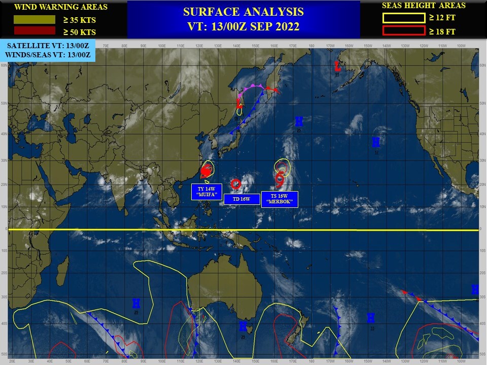 Typhoon 14W(MUIFA)still strong slowly nearing China//15W(MERBOK) to peak at CAT2 //TD 16W:marked intensification after 48h//1303utc