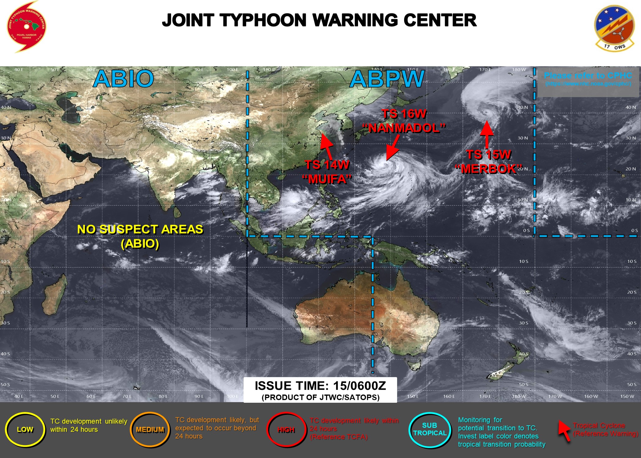 JTWC IS ISSUING 6HOURLY WARNINGS AND 3HOURLY SATELLITE BULLETINS ON 14W(MUIFA)AND 16W(NANMADOL). 3HOURLY SATELLITE BULLETINS ARE STILL ISSUED ON 15W(MERBOK).