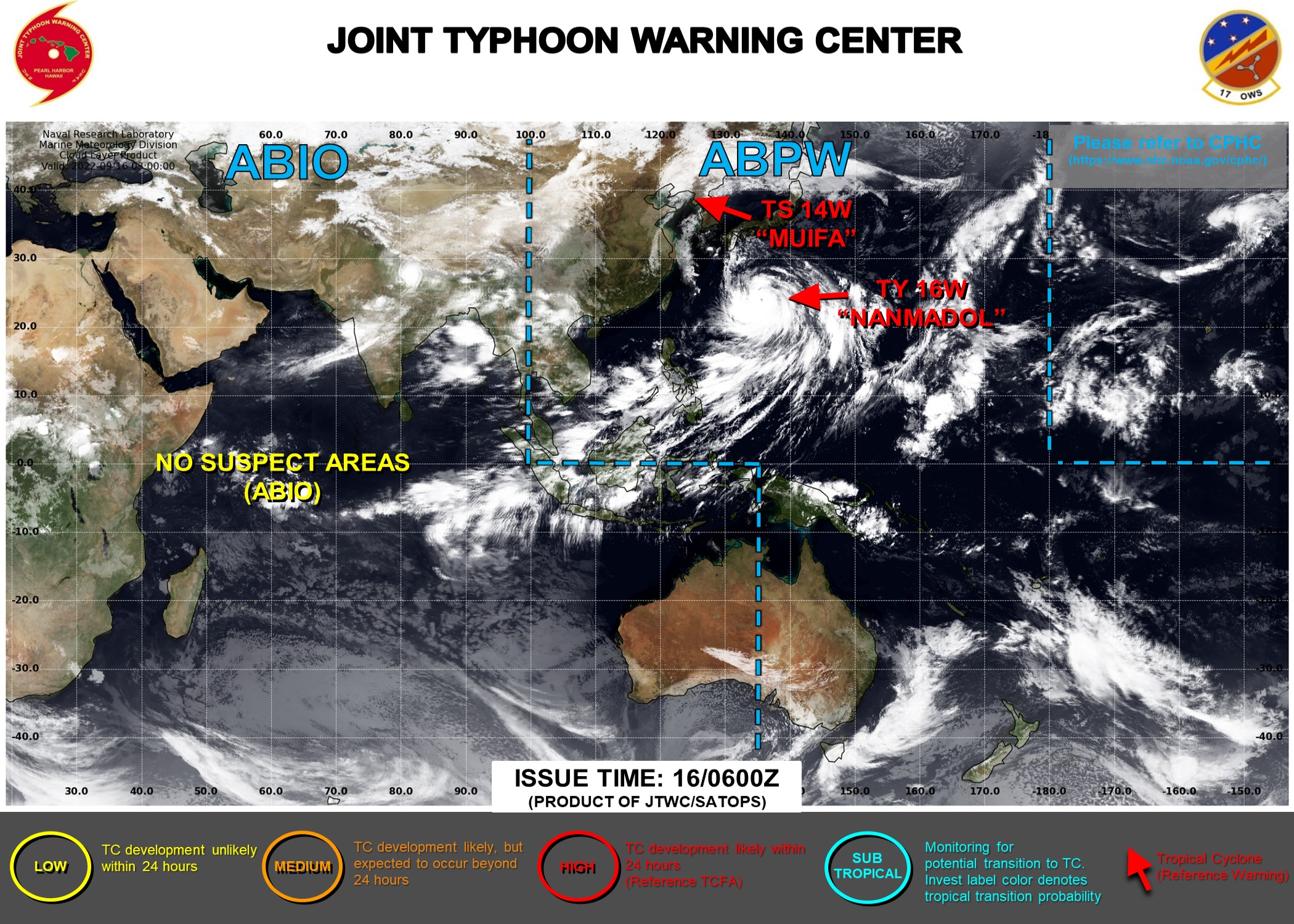 JTWC IS ISSUING 6HOURLY WARNINGS ON 16W(NANMADOL). 3HOURLY SATELLITE BULLETINS ARE ISSUED ON 16W AND 14W(MUIFA).