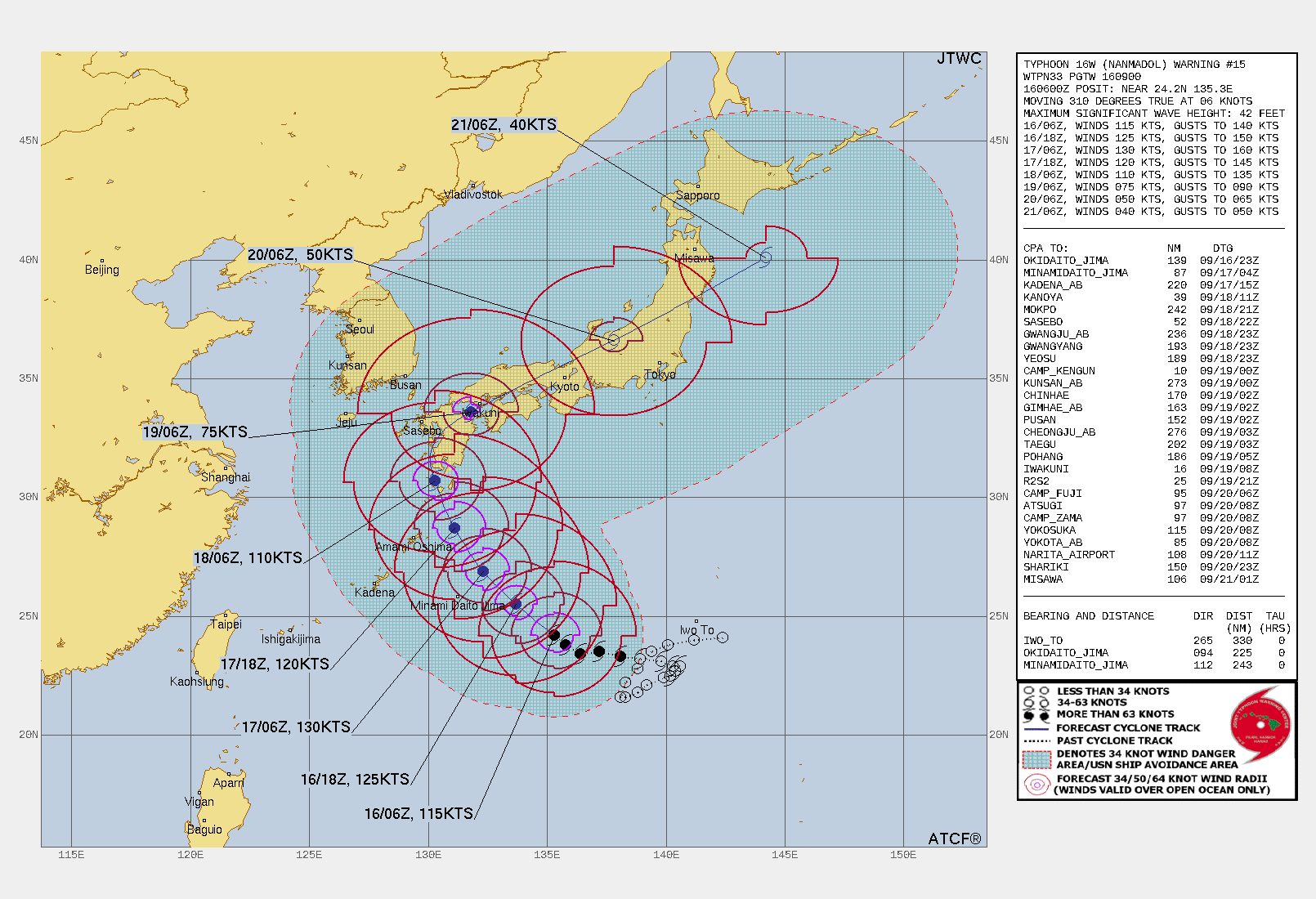 FORECAST REASONING.  SIGNIFICANT FORECAST CHANGES: THERE ARE NO SIGNIFICANT CHANGES TO THE FORECAST FROM THE PREVIOUS WARNING.  FORECAST DISCUSSION: TY NANMADOL WILL CONTINUE ON ITS CURRENT TRACK UNDER THE STEERING INFLUENCE OF THE STR TO THE NORTH. AFTER TAU 48, IT WILL CREST THE STR AXIS AND RECURVE NORTHEASTWARD, MAKE LANDFALL  OVER KYUSHU, JAPAN, NEAR SASEBO BY TAU 60. AFTERWARD, TY 16W WILL  ACCELERATE NORTHEASTWARD ACROSS HONSHU AND BY TAU 12O WILL BE BACK IN  THE PACIFIC OCEAN EAST OF MISAWA. THE FAVORABLE CONDITIONS WILL FUEL FURTHER INTENSIFICATION TO A PEAK OF 130KTS BY TAU 24 AFTERWARD, COOLING SST INCREASING VWS, AND LAND INTERACTION WILL GRADUALLY ERODE THE SYSTEM. BY TAU 120, THE SYSTEM WILL BE REDUCED TO 40KTS. CONCURRENTLY, BY TAU 96, TY 16W WILL START EXTRA-TROPICAL TRANSITION  AS IT ENTERS THE BAROCLINIC ZONE.