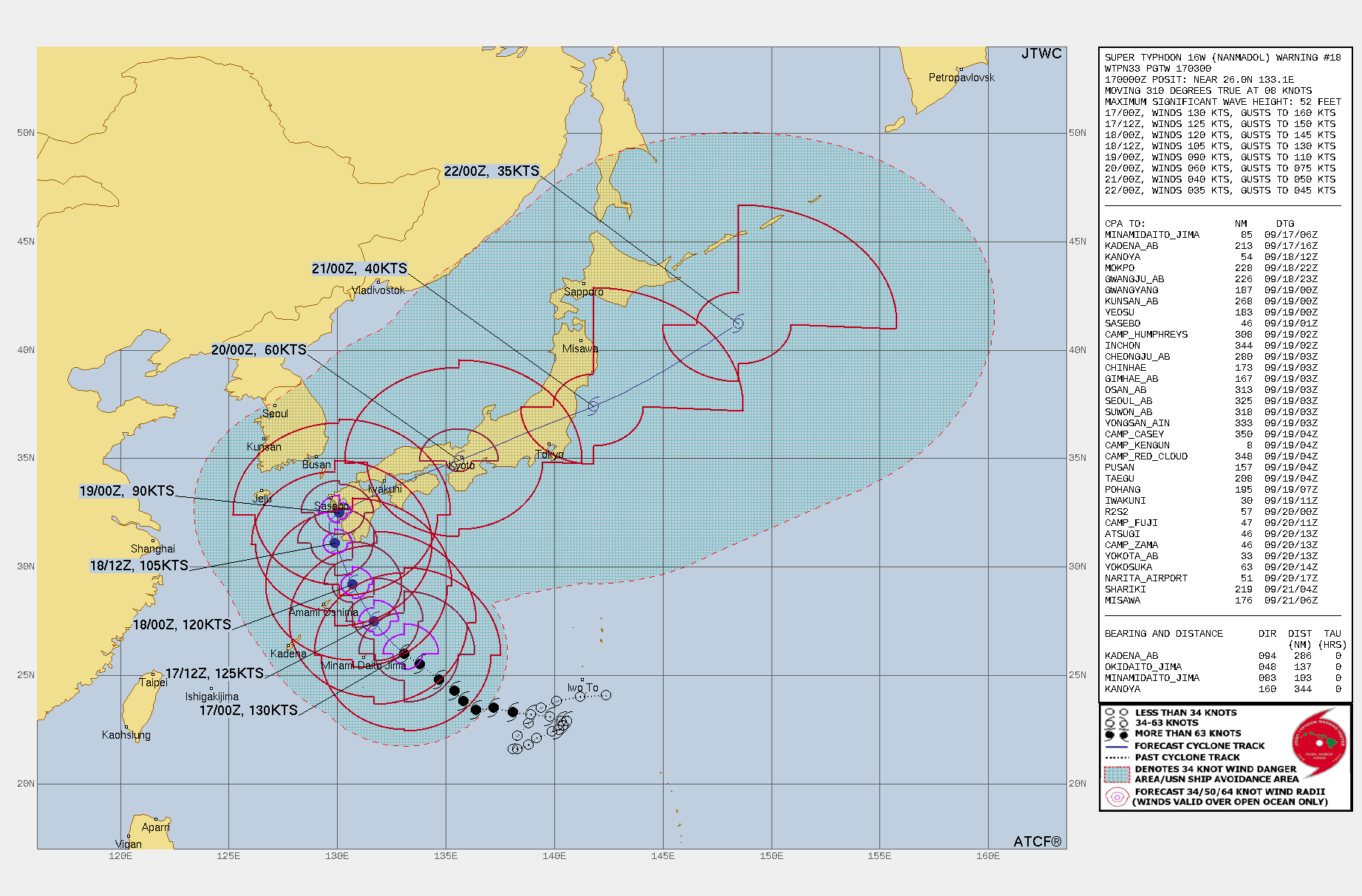 FORECAST REASONING.  SIGNIFICANT FORECAST CHANGES: THERE ARE NO SIGNIFICANT CHANGES TO THE FORECAST FROM THE PREVIOUS WARNING.  FORECAST DISCUSSION: IN THE NEAR-TERM (36 HOURS) THERE IS LITTLE DOUBT THAT STY 16W WILL TRACK STEADILY NORTHWESTWARD ALONG THE SOUTHWEST SIDE OF THE STEERING RIDGE TO THE EAST, PASSING JUST SOUTHWEST OF YAKU SHIMA ISLAND AFTER TAU 24 AND ENTERING THE EAST CHINA SEA TO THE WEST OF KYUSHU. DUE TO AN EXPECTED ERC, THE SYSTEM IS FORECAST TO WEAKEN SLIGHTLY OVER THE NEXT 12 HOURS. THOUGH IT MAY IN FACT COMPLETE AN ERC, BY THAT TIME IT WILL BE MOVING OVER A PATCH OF RELATIVELY LOW OHC WATERS AND WON'T BE ABLE TO RECOVER ITS FORMER INTENSITY, THOUGH IT IS STILL EXPECTED TO BE A 120 KNOT TYPHOON AT TAU 24. A STRONG COLD FRONT AND ACCOMPANYING 500MB SHORTWAVE TROUGH, CURRENTLY MOVING ACROSS NORTHERN CHINA, WILL OVER THE NEXT 24 TO 48 HOURS STEADILY MOVE EASTWARD AND BEGIN TO ERODE THE STEERING RIDGE. BY TAU 36 THIS MID-LATITUDE SYSTEM WILL BEGIN TO HAVE A DIRECT IMPACT ON BOTH THE STEERING AND INTENSITY OF STY 16W. THE SYSTEM IS FORECAST TO TURN SHARPLY TO THE NORTHEAST AFTER TAU 36, TURNING INBOUND TO A LANDFALL IN THE VICINITY OF NAGASAKI BY TAU 48, THEN RAPIDLY ACCELERATING TO THE NORTHEAST ALONG THE FRONTAL BOUNDARY. WESTERLY SHEAR WILL BEGIN IMPACTING THE SYSTEM BY TAU 36, AND COMBINED WITH COOLING SSTS AND WEAK CONVERGENCE ALOFT, WILL MARK THE ONSET OF MORE RAPID WEAKENING, DOWN TO 105 KNOTS BY TAU 36 WITH ADDITIONAL WEAKENING ANTICIPATED BY TAU 48 DUE TO THE ADDITION OF SIGNIFICANT LAND INTERACTION AS THE SYSTEM TRACKS CLOSE TO THE COAST OF KYUSHU. AFTER TAU 48 THE SYSTEM LAYS ON THE GAS PEDAL AND ACCELERATES RAPIDLY NORTHEASTWARD ALONG THE FRONTAL BOUNDARY PUSHING IN FROM THE WEST WHILE BEING TORN APART BY A COMBINATION OF ELEVATED SHEAR IN THE UPPER LEVELS AND TERRAIN INFLUENCES IN THE LOWER LEVELS. THE END RESULT WILL BE RAPID WEAKENING IN CONJUNCTION WITH EXTRA-TROPICAL TRANSITION. BY TAU 96 THE DRASTICALLY WEAKENED REMNANTS WILL EXIT INTO THE PACIFIC NORTHEAST OF TOKYO AND BECOME FULLY EXTRATROPICAL NO LATER THAN TAU 120.