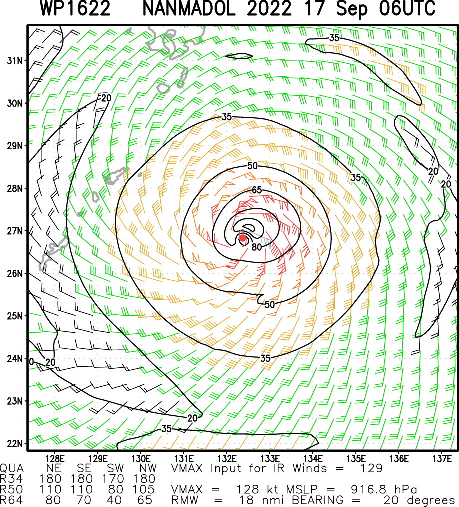 ANIMATED MULTISPECTRAL SATELLITE IMAGERY (MSI) DEPICTS A VERY LARGE TYPHOON, IN TERMS OF ITS OUTER RAIN BANDS AND WIND FIELD