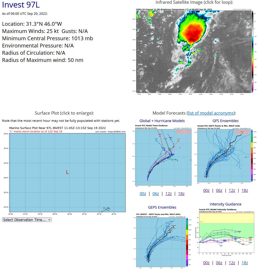 ZCZC MIATWOAT ALL TTAA00 KNHC DDHHMM  Tropical Weather Outlook NWS National Hurricane Center Miami FL 200 AM EDT Tue Sep 20 2022  For the North Atlantic...Caribbean Sea and the Gulf of Mexico:  Active Systems: The National Hurricane Center is issuing advisories on Hurricane  Fiona, located just southeast of the Turks and Caicos islands.  1. Central Subtropical Atlantic: Shower and thunderstorm activity continues to increase in  association with an area of low pressure located over the central  subtropical Atlantic. Environmental conditions appear marginally  favorable for additional development, and a tropical depression is  likely to form over the next couple of days before upper-level winds  become less conducive later this week.  The system should generally  move northward or northeastward while remaining over the open waters  of central subtropical Atlantic. * Formation chance through 48 hours...medium...60 percent. * Formation chance through 5 days...medium...60 percent.  2. Central Tropical Atlantic: A tropical wave located several hundred miles east of the Windward  Islands is producing a broad area of disorganized showers and  thunderstorms.  Gradual development of this system is forecast  during the next several days as the system approaches the Windward  Islands, and a tropical depression could form toward the latter  part of this week or weekend as the system moves into the eastern  and central Caribbean sea. * Formation chance through 48 hours...low...10 percent. * Formation chance through 5 days...medium...40 percent.  Forecaster Papin