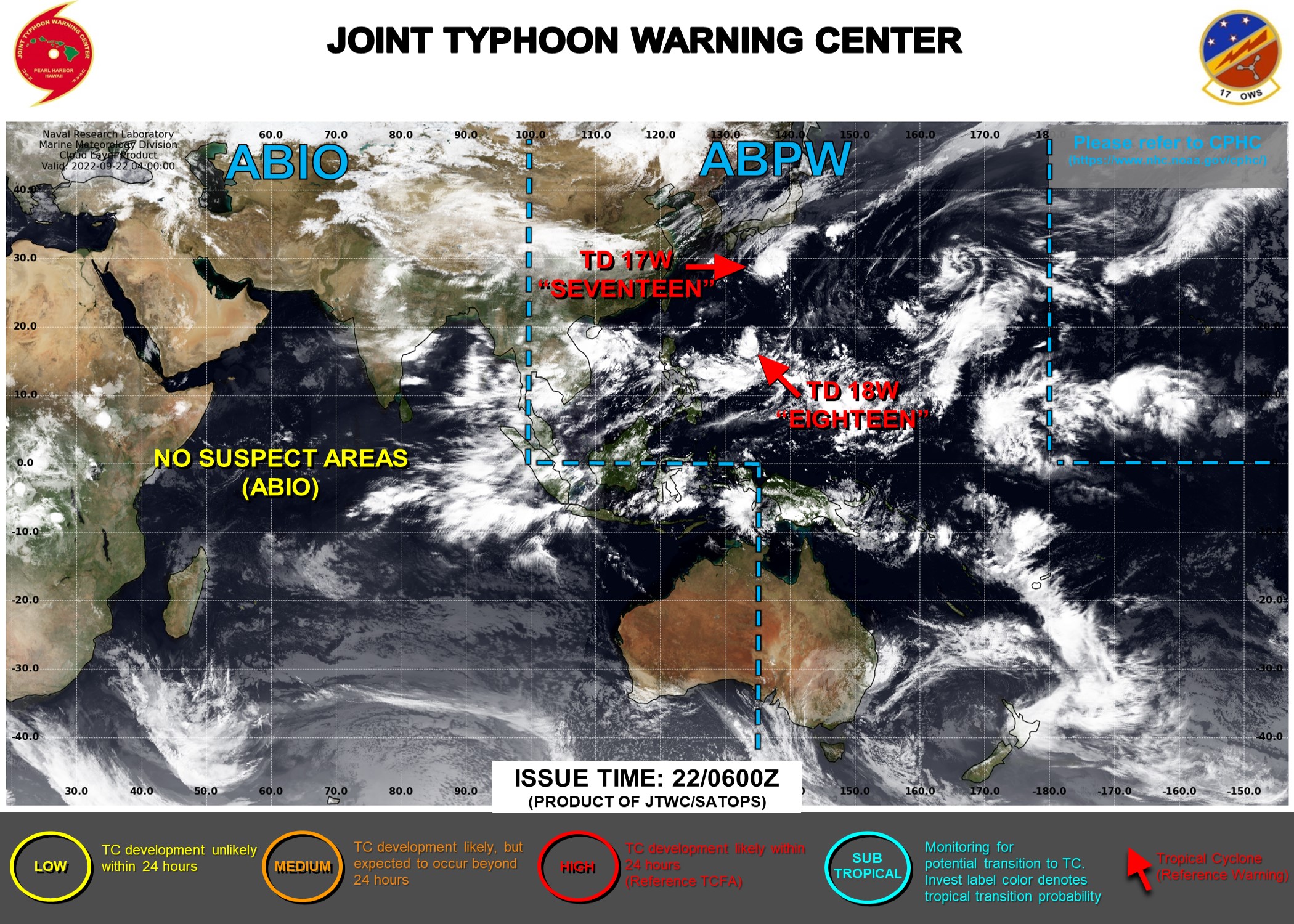 JTWC IS ISSUING 6HOURLY WARNINGS AND 3HOURLY SATELLITE BULLETINS ON 17W AND 18W.
