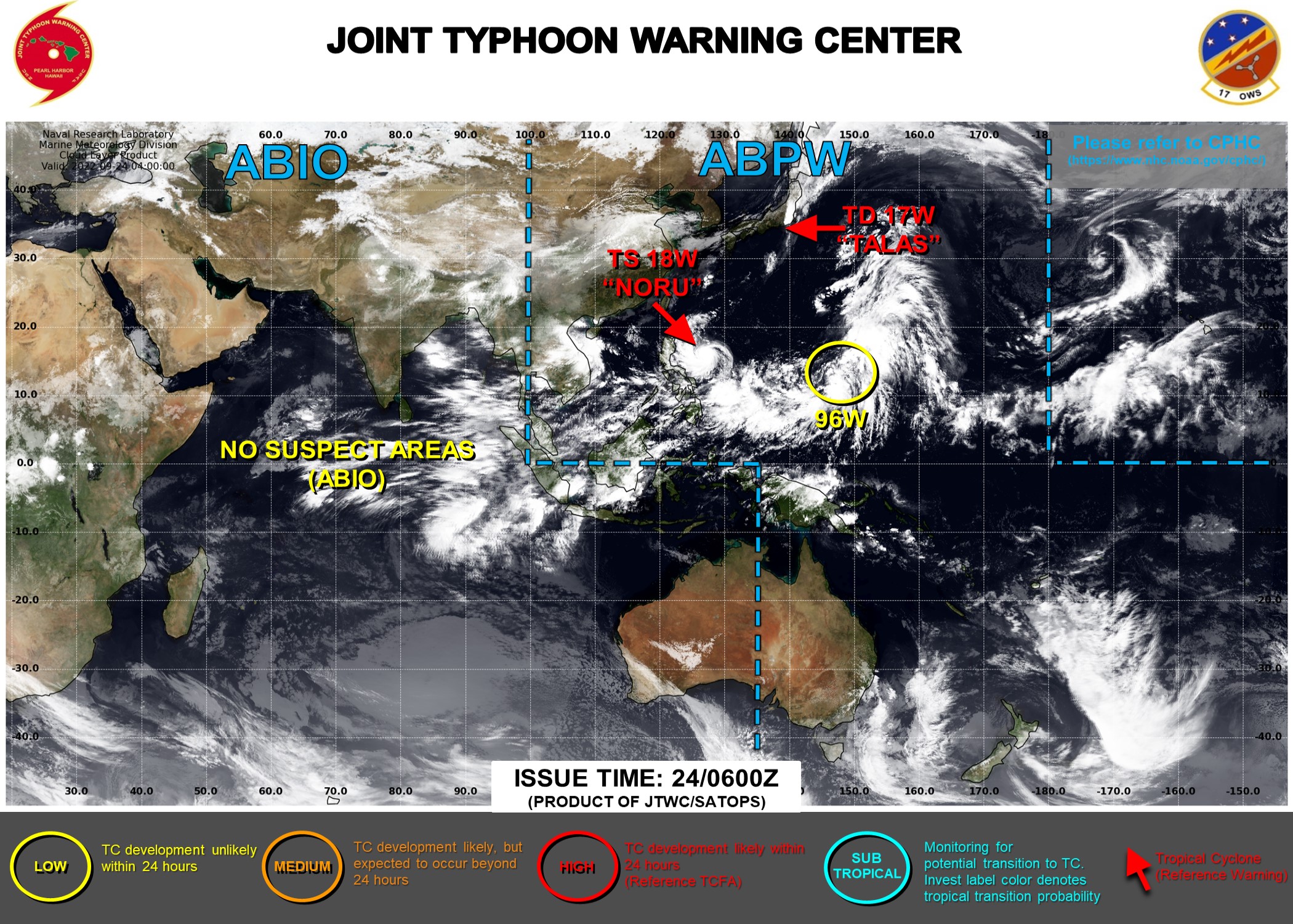 JTWC IS ISSUING 6HOURLY WARNINGS AND 3HOURLY SATELLITE BULLETINS ON 18W. WARNINGS AND SATELLITE BULLETINS WERE DISCONTINUED ON 17W AT 24/03UTC