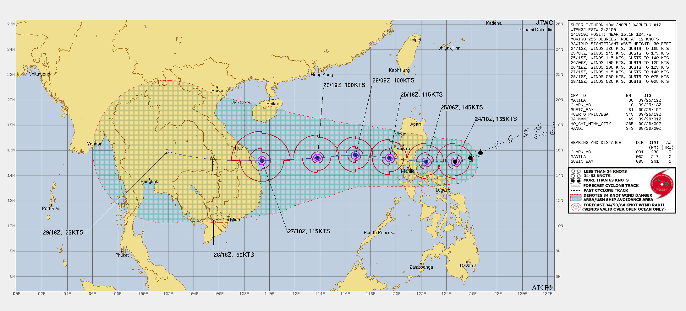 FORECAST REASONING.  SIGNIFICANT FORECAST CHANGES: THERE ARE MAJOR CHANGES TO THE INTENSITY FORECAST DUE TO THE ERI PHASE OVER THE PAST 24 HOURS.  FORECAST DISCUSSION: STY 18W BEARS MANY SIMILARITIES TO STY GONI (2020), WHICH UNDERWENT ERI WHILE TURNING WEST-SOUTHWESTWARD TOWARD  SOUTHERN LUZON, HOWEVER, STY GONI ATTAINED STY STRENGTH TWO DAYS PRIOR TO LANDFALL SO PEAKED MUCH HIGHER. STY 18W IS FORECAST TO TRACK WESTWARD AND MAKE LANDFALL IN ABOUT 15 TO 18 HOURS WITH A PEAK INTENSITY OF 145 KNOTS EXPECTED AT TAU 12. AFTER MAKING LANDFALL, STY 18W WILL WEAKEN RAPIDLY AS IT CROSSES THE PHILIPPINE ISLANDS, DOWN TO ABOUT 100 KNOTS BY TAU 36. MORE SIGNIFICANT WEAKENING IS POSSIBLE. AFTER RE-EMERGING OVER THE SOUTH CHINA SEA, STY 18W IS FORECAST TO RE-INTENSIFY TO A PEAK INTENSITY OF 115 KNOTS JUST PRIOR TO LANDFALL OVER CENTRAL VIETNAM NEAR TAU 72. ENVIRONMENTAL CONDITIONS ARE EXPECTED TO REMAIN FAVORABLE ALTHOUGH VERTICAL WIND SHEAR IS EXPECTED TO GRADUALLY INCREASE TO 15-20 KNOTS BY LANDFALL.