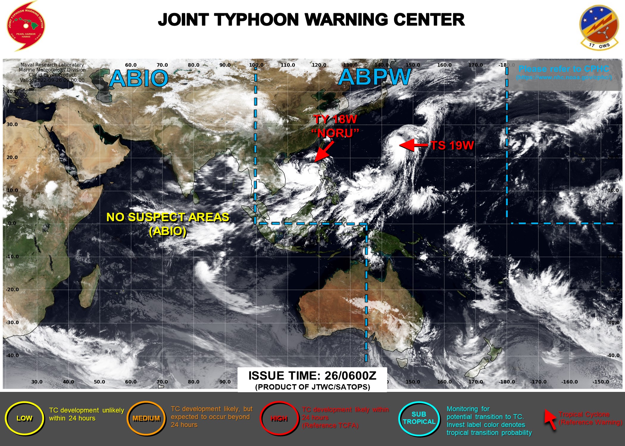 JTWC IS ISSUING 6HOURLY WARNINGS AND 3HOURLY SATELLITE BULLETINS ON 18W(NORU) AND 19W(KULAP).