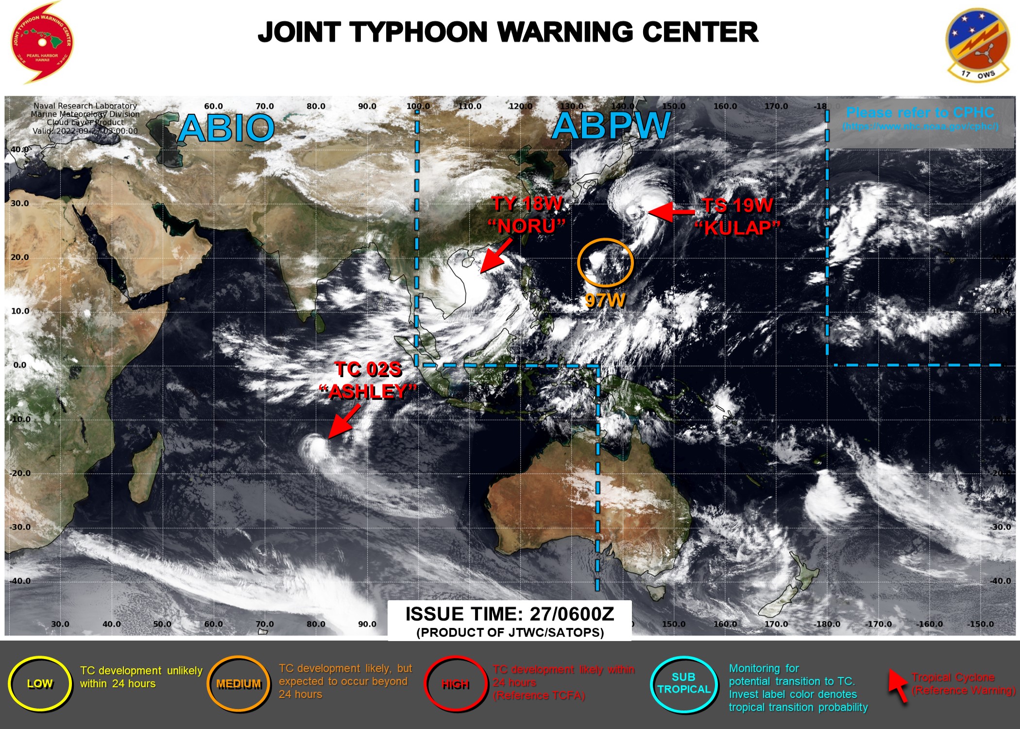 JTWC IS ISSUING 6HOURLY WARNINGS AND 3HOURLY SATELLITE BULLETINS ON 18W(NORU) AND 19W(KULAP). 12HOURLY WARNINGS AND 3HOURLY SATELLITE BULLETINS ARE ISSUED ON 02S(ASHLEY).