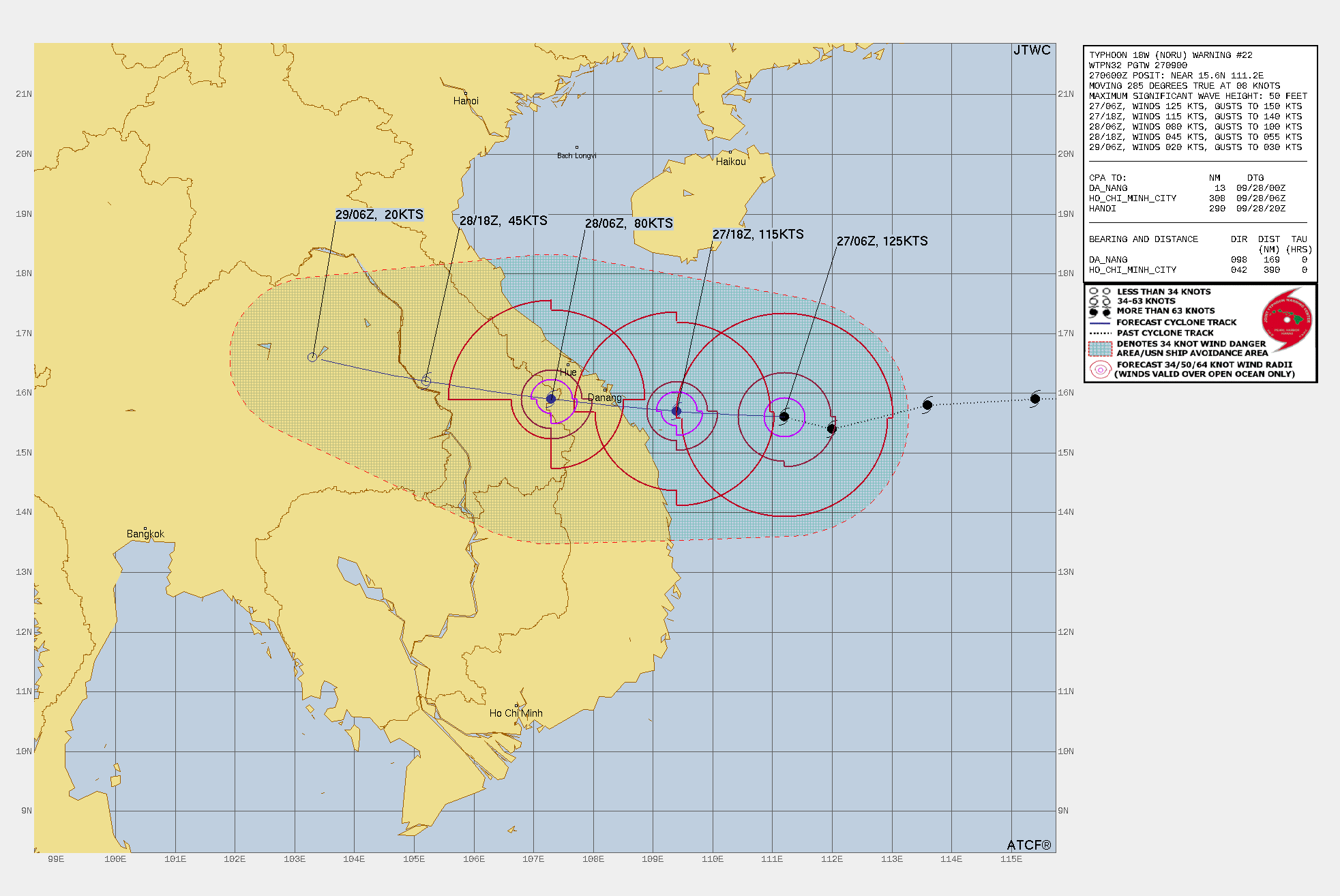 FORECAST REASONING.  SIGNIFICANT FORECAST CHANGES: THERE ARE NO SIGNIFICANT CHANGES TO THE FORECAST FROM THE PREVIOUS WARNING.  FORECAST DISCUSSION: OVER THE PAST 12 HOURS, TY NORU TOOK A BIT OF A JOG TO THE SOUTH BUT HAS RECENTLY TURNED BACK TO THE NORTH AND NOW SEEMS TO HAVE STEADIED UP ON A WESTWARD HEADING. AS THE SYSTEM WOBBLED IT ALSO SLOWED SIGNIFICANTLY, CUTTING TRACK SPEED IN HALF, DOWN TO JUST 8 KNOTS SINCE 0000Z. WHILE SOME ADDITIONAL WOBBLE IS CERTAINLY A POSSIBILITY GOING FORWARD, THE OVERALL TRACK MOTION IS FORECAST TO REMAIN JUST A SHADE NORTH OF DUE WEST THROUGH LANDFALL, AS THE SYSTEM TRACKS ALONG THE SOUTHERN SIDE OF THE DEEP STR CENTERED TO THE NORTH OF HONG KONG. EVEN THOUGH THE SYSTEM CONTINUES TO FIGHT MIGHTILY AGAINST THE STRONG AND PERSISTENT EASTERLY SHEAR, IT WILL NOT BE ABLE TO SUSTAIN THAT FIGHT MUCH LONGER, AND WILL BEGIN TO WEAKEN FROM NOW THROUGH LANDFALL UNDER THE  INFLUENCE OF THE SHEAR AND POSSIBLE EYEWALL REPLACEMENT CYCLE (ERC).  HOWEVER, THE SYSTEM IS STILL ANTICIPATED TO BE A VERY STRONG TYPHOON  WHEN IT CROSSES THE COAST IN THE VICINITY OF DA NANG AROUND TAU 18.  ONCE ASHORE THE SYSTEM WILL RAPIDLY WEAKEN DUE TO FRICTIONAL EFFECTS  OF THE RUGGED TERRAIN AND ULTIMATELY DISSIPATE OVER NORTHEAST THAILAND  BY TAU 48.