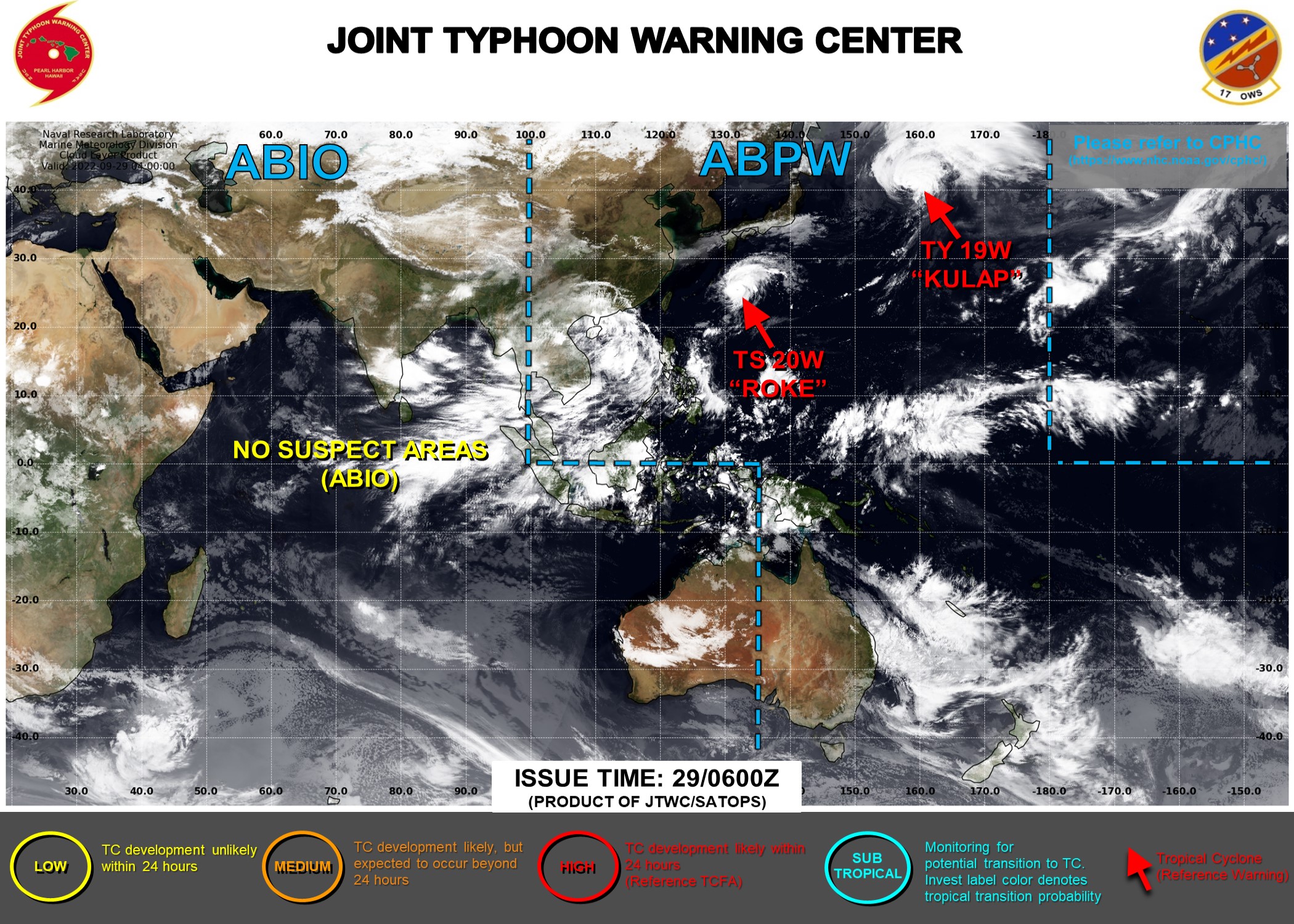 JTWC IS ISSUING 6HOURLY WARNINGS AND 3HOURLY SATELLITE BULLETINS ON 20W(ROKE). 3HOURLY SATELLITE BULLETINS ARE STILL ISSUED ON 19W(KULAP). THEY WERE DISCONTINUED ON 02S(ASHELY) AND 18W(NORU) AT 29/00UTC.