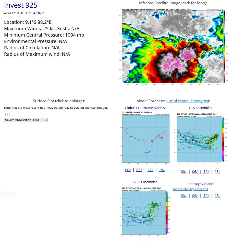 THE AREA OF CONVECTION (INVEST 92S) PREVIOUSLY LOCATED NEAR  7.6S 89.3E IS NOW LOCATED NEAR 8.8S 88.8E, APPROXIMATELY 980NM EAST OF  DIEGO GARCIA. ANIMATED MULTISPECTRAL SATELLITE IMAGERY INDICATES LOW- LEVEL CLOUD LINES WRAPPING INTO A PARTIALLY-EXPOSED, DEFINED LOW-LEVEL  CIRCULATION CENTER (LLCC) WITH FLARING DEEP CONVECTION OVER THE  SOUTHERN SEMICIRCLE. A 040750Z AMSR2 89GHZ COLOR COMPOSITE MICROWAVE  IMAGE REVEALS A BROAD, DEFINED LLCC WITH FRAGMENTED DEEP CONVECTIVE  BANDING OVER THE SOUTHERN SEMICIRCLE. A 040345Z ASCAT-C IMAGE SHOWS A  SWATH OF 20 TO 25 KNOT WINDS ALONG THE SOUTHERN FLANK OF THE  CIRCULATION. UPPER-LEVEL ANALYSIS INDICATES A MARGINALLY-FAVORABLE  ENVIRONMENT WITH STRONG VERTICAL WIND SHEAR (25 TO 30 KNOTS) OFFSET BY  ROBUST POLEWARD OUTFLOW. GLOBAL MODELS INDICATE A WESTWARD TO WEST- SOUTHWESTWARD TRACK OVER THE NEXT 2 DAYS WITH GRADUAL INTENSIFICATION. MAXIMUM SUSTAINED SURFACE WINDS ARE ESTIMATED AT 20 TO 25 KNOTS.  MINIMUM SEA LEVEL PRESSURE IS ESTIMATED TO BE NEAR 1004 MB. THE  POTENTIAL FOR THE DEVELOPMENT OF A SIGNIFICANT TROPICAL CYCLONE WITHIN  THE NEXT 24 HOURS IS UPGRADED TO MEDIUM.