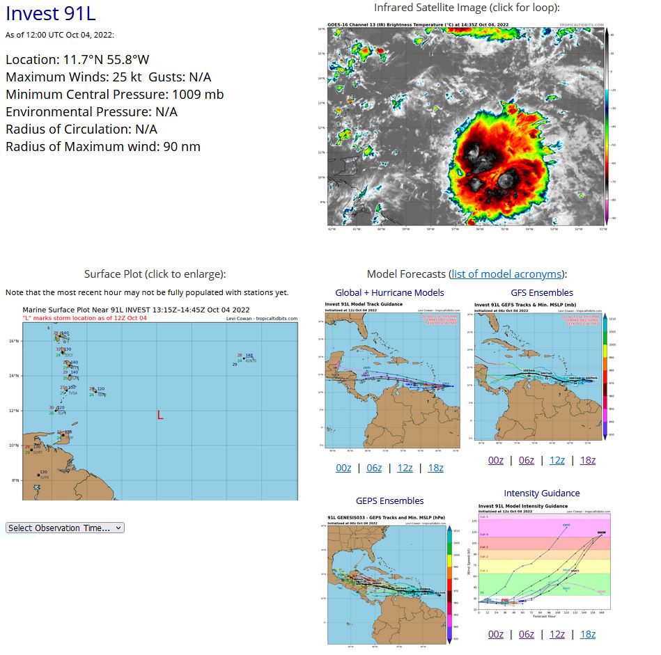 East of the Windward Islands: Showers and thunderstorms associated with a tropical wave located a  few hundred miles east of the southern Windward Islands have  increased a little this morning, but there are not yet any signs of  significant organization.  The wave is forecast to move westward at  about 15 mph, crossing the Windward Islands tonight and early  Wednesday.  Some slow development is possible while the wave  continues westward, and a tropical depression could form by late  this week or this weekend over the central or western Caribbean Sea.  Interests in the Windward Islands, the ABC Islands, and the  northern coast of Venezuela should monitor the progress of this  system.  An Air Force Reserve Hurricane Hunter aircraft is  scheduled to investigate this system this afternoon, if necessary. * Formation chance through 48 hours...low...20 percent. * Formation chance through 5 days...medium...40 percent.  Forecaster Berg