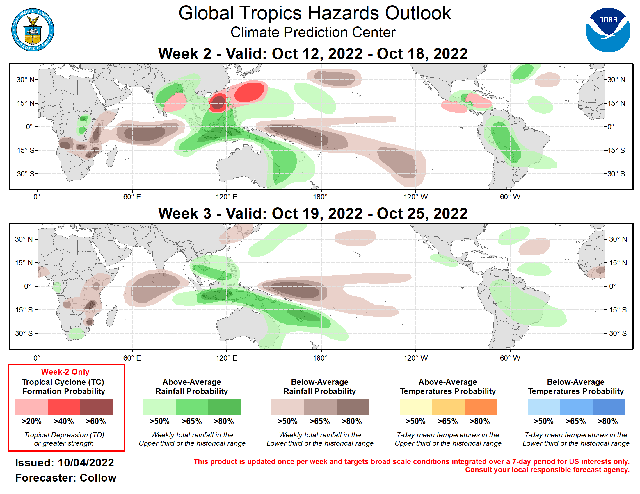 Outlook Discussion Last Updated - 10/04/22 Valid - 10/12/22 - 10/25/22 The Madden Julian Oscillation (MJO) has been inactive for much of September, with the RMM-based index remaining within the unit circle. However, dynamical model guidance, particularly the GEFS and ECMWF ensembles, depict an amplifying MJO signal emerging across the Maritime Continent and propagating eastward into the western Pacific over the next 2 weeks. While there is a coherent MJO signal in the JMA, its amplitude is weaker compared to the GEFS and ECMWF, and lies closer to the edge of the unit circle. As has been the case for much of the year, there is uncertainty as to whether or not the intraseasonal signal will be able to continue its eastward propagation across the Pacific due to interference with the ongoing La Niña, with the ensemble means from the GEFS and ECMWF showing a weakening MJO once it reaches phase 7. However, some individual ensemble members indicate continued eastward propagation into phase 8 by the end of October.  The tropics have remained active during the past week across the Northern Hemisphere. Over the Atlantic Basin, Hurricane Ian made landfall across southwest Florida on 9/28 as a category-4 storm resulting in significant damage over the region. The storm made a second landfall over South Carolina as a category-1 hurricane on 9/30. A short-lived tropical depression (Eleven) developed over the open waters of the eastern Atlantic on 9/28. Across the East Pacific, Hurricane Orlene formed on 9/29, and peaked as a category-4 storm, before weakening and making landfall along the west coast of Mexico as a category-1 system. Tropical Storm Paine developed on 10/3 and is no threat to land. Typhoon Roke developed on 9/28 over the Western North Pacific Basin, and recurved northeastward, remaining well south of Japan.  Over the next 2 weeks, tropical cyclone (TC) activity is forecast to increase across the Western North Pacific and Bay of Bengal, tied to the renewed MJO signal. A 60 percent chance for TC development is indicated across the South China Sea consistent with the GEFS and ECMWF ensembles, with a 40 percent chance of formation highlighted over the open West Pacific, east-northeast of the Philippines, due to climatology and recent TC formations in this region. TC formation is also possible over the Bay of Bengal (20 percent chance). Across the Atlantic, Invest 91L, located to the west of the Windward Islands, is being monitored by the National Hurricane Center for possible TC development. While this system may ultimately form prior to the start of week-2, the favorable conditions over the region, along with increasing climatological influence, support a 20 percent chance of TC development across the Caribbean during week-2. Increased TC development chances may also extend into the East Pacific Basin, where a 20 percent chance of TC formation is highlighted during week-2. There are some indications that the Caribbean system may cross Central America during this period, and develop over the East Pacific (if it does not develop earlier over the Caribbean), or an entirely separate system may develop over the basin.  The precipitation outlook for the next two weeks is based on anticipated TC tracks, ongoing La Niña conditions, MJO composites, and consensus of GEFS, CFS, and ECMWF ensemble mean solutions. Enhanced rainfall is forecast across the Maritime Continent, West Pacific, and also extending across eastern Australia and the south-central Pacific during weeks 2 and 3, tied to the MJO becoming active over these regions. Below-normal precipitation is forecast over the Indian Ocean (suppressed convection on the backside of the MJO), along with the equatorial central Pacific (La Niña). Above normal rainfall is forecast across the Caribbean and South America during week-2, becoming more focused across South America by week-3.