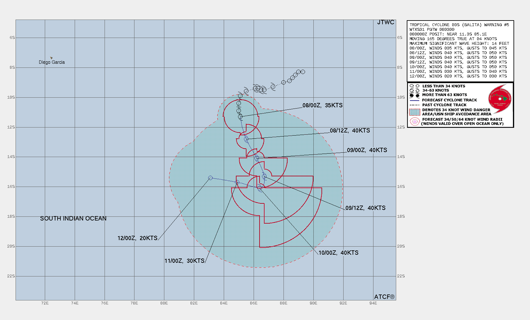 FORECAST REASONING.  SIGNIFICANT FORECAST CHANGES: THERE ARE NO SIGNIFICANT CHANGES TO THE FORECAST FROM THE PREVIOUS WARNING.  FORECAST DISCUSSION: TC 03S (BALITA) CONTINUES ITS GENERALLY SOUTHWARD MARCH UNDER THE STEERING INFLUENCE OF THE STR TO THE EAST. AS EVIDENCED BY THE IMPROVED CONVECTIVE ENVELOPE, 03S IS ENTERING A SHORT WINDOW OF POSSIBLE RE-INTENSIFICATION BACK TO 40KTS. OVER THE NEXT 12 HOURS, AS THE SYSTEM NEARS THE STR AXIS, VERTICAL WIND SHEAR (VWS) VALUES ARE PROJECTED TO DROP POTENTIALLY ALLOWING THE STRONG OUTFLOW AND CONVECTIVE RECONSOLIDATION TO BOOST INTENSITY. BY TAU 24 AND THROUGH TAU 36, 03S WILL BE ON A SOUTH-SOUTHEASTWARD COURSE DUE TO A PASSING 500MB TROUGH REORIENTING  THE STEERING RIDGE. BY TAU 48 THE SYSTEM WILL EXECUTE A HARD WESTWARD  TURN AS SHEAR VALUES INCREASE, DRY AIR ENTRAINMENT INTENSIFIES AND  OHC VALUES DROP. THESE FACTORS COALESCE TO STEADILY WEAKEN THE SYSTEM  THROUGH TAU 72 AND RESULT IN FULL DISSIPATION BY TAU 96.