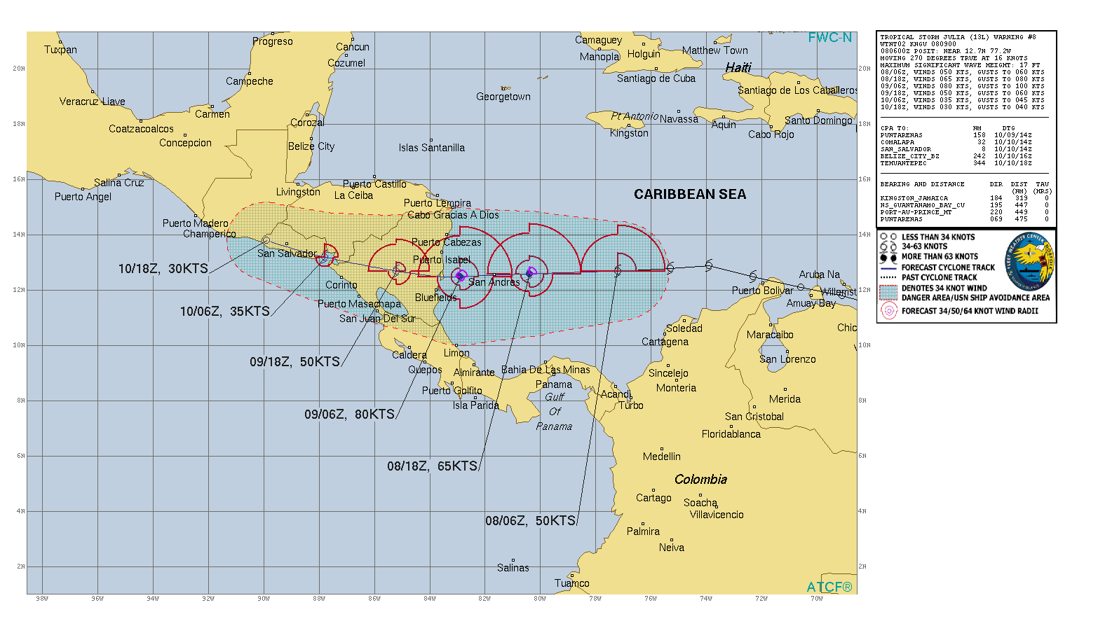 WTNT43 KNHC 080852 TCDAT3  Tropical Storm Julia Discussion Number   8 NWS National Hurricane Center Miami FL       AL132022 500 AM EDT Sat Oct 08 2022  Julia is a strengthening tropical cyclone. Satellite imagery has  shown an increase in persistent and deep convection occurring over  the center, with an expanding area of cloud top temperatures colder  than -80 deg C. Overnight data from the Air Force Hurricane Hunters  indicated the vertical structure of Julia is still organizing, with  evidence of multiple low-level centers noted in the 850-mb flight  level wind data. But, the aircraft reported flight-level winds of  59 kt and believable SFMR retrievals of 45-50 kt on its last pass  through the northeastern quadrant of the cyclone. Based on these  data, the initial intensity is set at 50 kt for this advisory.  Weak deep-layer shear, abundant mid-level moisture, and SSTs around  29.5 degrees Celsius appear conducive for steady to rapid  intensification of Julia during the next 24 h as it approaches  Central America. In fact, the SHIPS Rapid Intensification Index  shows a 63 percent chance of a 30 kt increase in intensity during  the next 24 h. Given the strengthening noted tonight and the  improved satellite structure, the NHC forecast calls for Julia to  rapidly intensify into a hurricane later today and continue  strengthening through landfall on Sunday. This forecast lies  between the multi-model consensus aids and the stronger SHIPS and  LGEM guidance. After landfall, the cyclone is forecast to weaken as  it moves across the terrain of Central America.  The estimated initial motion is westward at 265/16 kt. Julia is  expected to continue moving quickly westward for the next day  or so along the southern periphery of a strong mid-level ridge to  its north. This motion should bring the center of Julia near San  Andres and Providencia Islands this evening and over the coast of  Nicaragua within the warning area early Sunday. Based on a  southward shift in the track guidance, the NHC forecast has been  adjusted in that direction to bring it closer to the multi-model  consensus. As a result, the government of Nicaragua has extended  Hurricane and Tropical Storm Warnings southward along the coast.  There is still above average uncertainty regarding the future of  Julia after landfall. While some models (HWRF, HMON, GFS) show the  center largely remaining over land and dissipating, others (ECMWF  and UKMET) show low-level vorticity associated with Julia or its  remnants emerging over the eastern Pacific waters early next week.  While it appears unlikely that the surface circulation would survive  the topography of Nicaragua, this scenario could become more likely  if there are additional southward adjustments to the track. For now,  the NHC forecast shows weakening and dissipation by 72 h near the  coast of Central America, but interests along the Pacific coasts of  El Salvador, Honduras, and Nicaragua should monitor forecast  updates. Regardless, the set up is likely to lead to heavy rains  over Central America for several days, which could cause  life-threatening flash floods and mudslides, especially in areas of  mountainous terrain.   Key Messages:  1. Julia is forecast to strengthen into a hurricane later today, and  a Hurricane Warning is in effect for portions of the Nicaragua coast  and the islands of Providencia and San Andres. Hurricane-force winds  and a dangerous storm surge are expected in areas where the core of  the system crosses the islands tonight and moves onshore in  Nicaragua on Sunday.  2. Life-threatening flash flooding and mudslides are expected across  portions of Central America this weekend. Flash flooding is possible  across the Isthmus of Tehuantepec in Mexico early next week.