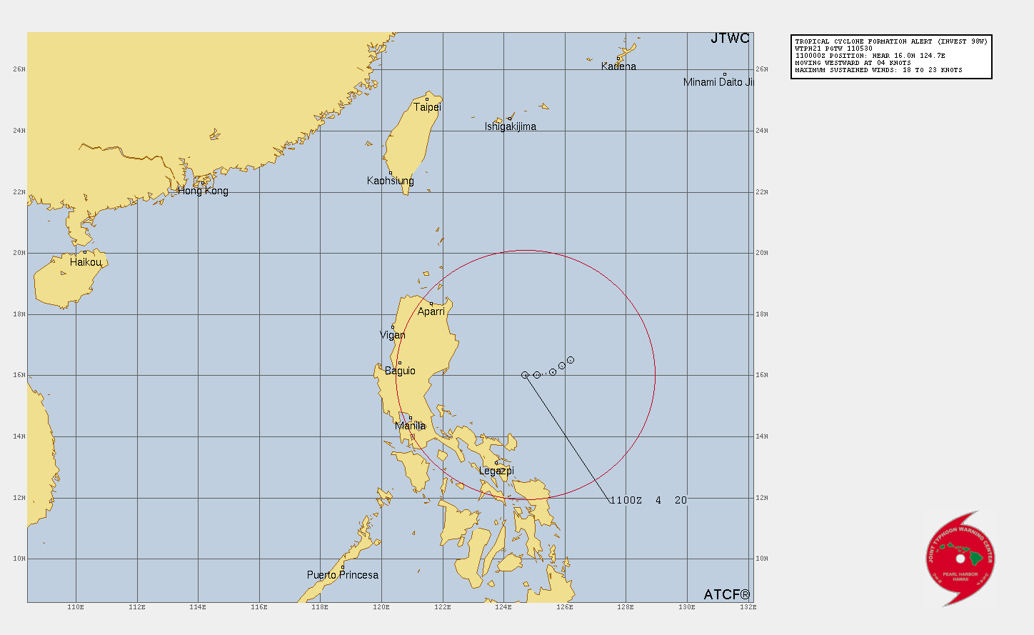 FORMATION OF A SIGNIFICANT TROPICAL CYCLONE IS POSSIBLE WITHIN A 245 NM RADIUS OF 16.0N 124.7E WITHIN THE NEXT 12 TO 24 HOURS. AVAILABLE DATA DOES NOT JUSTIFY ISSUANCE OF NUMBERED TROPICAL CYCLONE WARNINGS AT THIS TIME. WINDS IN THE AREA ARE ESTIMATED TO BE 18 TO 23 KNOTS. METSAT IMAGERY AT 101100Z INDICATES THAT A CIRCULATION CENTER IS LOCATED NEAR 16.0N 124.7E. THE SYSTEM IS MOVING WESTWARD AT 04 KNOTS. 2. REMARKS: THE AREA OF CONVECTION (INVEST 98W) PREVIOUSLY LOCATED NEAR  16.2N 124.5 IS NOW LOCATED NEAR 16.0N 124.7E, APPROXIMATELY 331 NM ENE OF  MANILA, PHILIPPINES. ENHANCED MULTISPECTRAL SATELLITE IMAGERY (MSI) AND  SCATTEROMETRY DATA DEPICT A WELL-ROUNDED LOW LEVEL CIRCULATION TUCKED  BENEATH THE SOUTHEAST SIDE OF INTENSE BUT DISORGANIZED CONVECTION WHICH  HAS PERSISTED FOR THE PAST FOUR HOURS. A 110112Z ASCAT METOP-C PARTIAL  PASS SHOWED 30-35KT NORTHERLY WINDS ASSOCIATED WITH A NE SURGE EVENT,  SURGING DOWN FROM THE LUZON STRAIGHT, AND 20-25KTS WINDS ON THE EAST SIDE  OF LUZON BEGINNING TO WRAP TO THE SOUTHWEST OF THE LLCC. WINDS ON THE  EASTERN SIDE OF THE CIRCULATION ARE MUCH LOWER, IN THE 10-15 KNOT RANGE  BASED ON EARLIER SCATTEROMETER DATA. ANALYSIS REVEALS A SMALL UPPER-LEVEL  ANTICYCLONE DIRECTLY OVER TOP OF THE LOW LEVEL CIRCULATION, PROVIDING  GOOD RADIAL OUTFLOW AND LOW VERTICAL WIND SHEAR (10-15 KNOTS), WITH  SUPPORTIVELY WARM SSTS (30-31C). MODEL GUIDANCE SHOWS THE SYSTEM DRIFTING  SLOW TOWARDS THE WEST BUT REMAINING EAST OF LUZON, BLOCKED BOTH BY THE  TERRAIN OF LUZON ITSELF AND THE STRONG NE SURGE FLOW ACTING AS A BARRIER.  THE MODEL TRACKERS JUMP CIRCULATIONS AFTER ABOUT TAU 36, INTO THE SOUTH  CHINA SEA INTO A SEPARATE AND DISTINCT AREA OF VORTICITY. THUS THE  GUIDANCE IS UNRELIABLE AT THIS POINT, ESPECIALLY BEYOND ABOUT 36 HOURS.  UP TO THAT POINT THE BULK OF THE INTENSITY GUIDANCE SUGGESTS A BRIEF  WINDOW OF OPPORTUNITY FOR THE SYSTEM TO DEVELOP BUT THEN DEPICTS  WEAKENING AND ULTIMATE DISSIPATION AFTER TAU 36 TO THE EAST OF LUZON. MAXIMUM SUSTAINED SURFACE WINDS ARE ESTIMATED AT 18 TO 23 KNOTS. MINIMUM SEA LEVEL PRESSURE IS ESTIMATED TO BE NEAR 1005 MB. THE POTENTIAL FOR THE DEVELOPMENT OF A SIGNIFICANT TROPICAL CYCLONE WITHIN THE NEXT 24 HOURS IS HIGH.