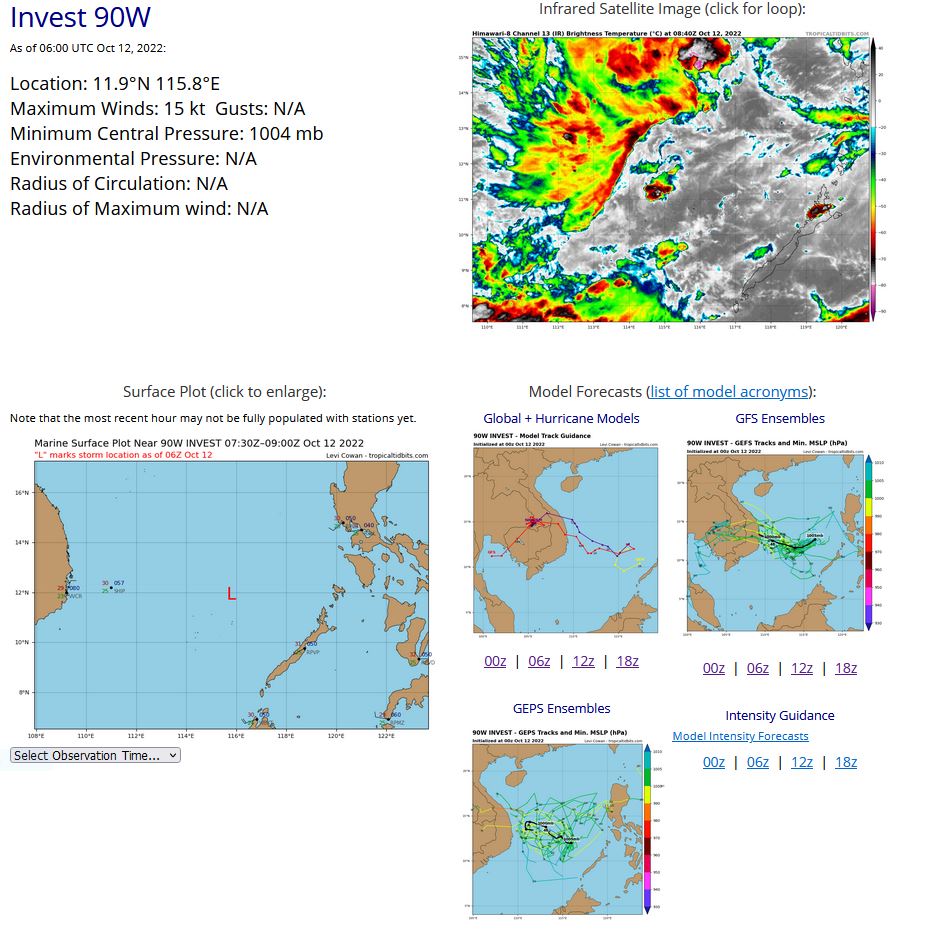 THE AREA OF CONVECTION (INVEST 90W) PREVIOUSLY LOCATED  NEAR 13.5N 118.6E IS NOW LOCATED NEAR 12.6N 116.6E, APPROXIMATELY 280  NM WEST-SOUTHWEST OF MANILA, PHILIPPINES. ANIMATED MULTISPECTRAL  SATELLITE IMAGERY DEPICTS A POORLY ORGANIZED CIRCULATION WITH  SCATTERED FLARING CONVECTION. A 120233Z ASCAT METOP-C PARTIAL PASS  SHOWS 90W STRONG WIND FIELD IN THE NORTHERN QUADRANT RANGING FROM 25- 30 KTS. ENVIRONMENTAL ANALYSIS INDICATES FAVORABLE CONDITIONS FOR  DEVELOPMENT WITH LOW (10-15 KTS) VERTICAL WIND SHEAR (VWS), WARM (29- 30C) SEA SURFACE TEMPERATURES (SSTS), AND STRONG POLEWARD OUTFLOW.  GLOBAL MODELS AGREE ON INVEST 90W RAPIDLY DEVELOPING WITHIN THE SOUTH  CHINA SEA AND TRACKING SOUTHWEST TOWARDS VIETNAM IN THE NEXT 48-72  HOURS. MAXIMUM SUSTAINED SURFACE WINDS ARE ESTIMATED AT TO KNOTS.  MINIMUM SEA LEVEL PRESSURE IS ESTIMATED TO BE NEAR 1006 MB. THE  POTENTIAL FOR THE DEVELOPMENT OF A SIGNIFICANT TROPICAL CYCLONE WITHIN  THE NEXT 24 HOURS IS LOW.