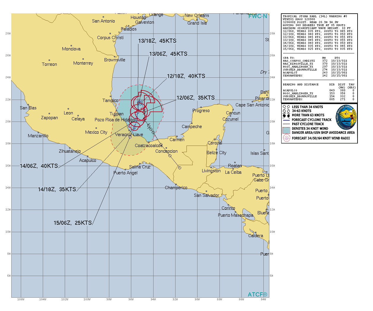 Tropical Storm Karl Discussion Number   3 NWS National Hurricane Center Miami FL       AL142022 400 AM CDT Wed Oct 12 2022  Karl has not changed much in organization over the past several  hours.  The central convection is currently minimal, with the  primary convection occurring in bands somewhat removed from the  center in the eastern semicircle.  NOAA buoy 42055 located to the  northeast of the center has reported 1-min average winds of up to   33 kt, and based on this plus a satellite intensity estimate from  TAFB, the initial intensity remains 35 kt.  The initial motion is 340/5 kt.  A general north-northwestward  motion is expected to continue through today.  After that, a ridge  of high pressure is forecast to build to the northwest of Karl over  northern Mexico.  The flow around the southeastern flank of this  anticyclone is expected to cause Karl to make a left hairpin turn  and move southward to south-southwestward by 36-48 h.  The latest  track guidance has shifted eastward from the previous runs, with  several models now showing a right hairpin turn and a east of south  motion toward the coast of Mexico.  The new forecast track is  shifted eastward from the previous forecast, but lies to the west of  the current consensus models.  If the models do not shift back  westward, additional eastward adjustments may be necessary later  today.  Karl is currently located within an environment of light to moderate  southwesterly shear and over warm sea surface temperatures.  This  should allow some strengthening through the next 24 h.  After that  time, increasing northwesterly shear and decreasing mid-level  relative humidity are likely to cause some weakening before  landfall. After Karl moves onshore, rapid decay is expected due to  the mountainous terrain, and Karl is likely to dissipate just after  72 h.  The new intensity forecast has only minor adjustments from  the previous forecast and is on the high side of the intensity  guidance.  Key Messages:  1. Heavy rainfall could produce instances of flash flooding, with  mudslides in areas of higher terrain, across portions of Vera Cruz  and Tabasco states in Mexico.  2. Tropical storm conditions are possible in the watch area in  Mexico starting on Thursday night.