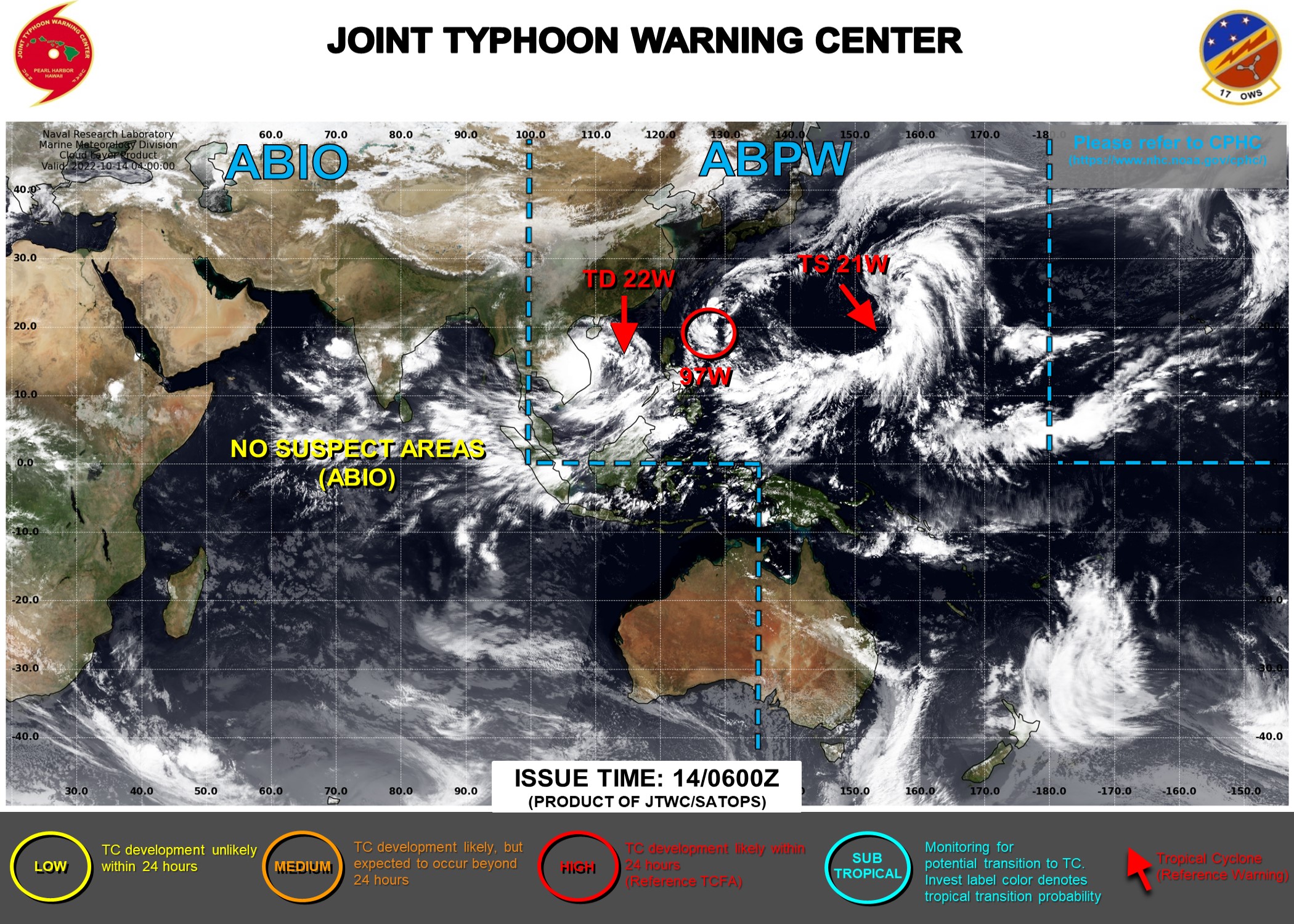 JTWC IS ISSUING 6HOURLY WARNINGS AND 3HOURLY SATELLITE BULLETINS ON 21W AND 22W.3HOURLY SATELLITE BULLETINS  ARE ISSUED ON INVEST 97W.