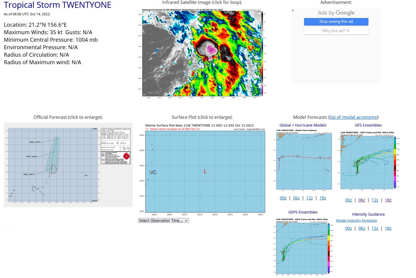 SATELLITE ANALYSIS, INITIAL POSITION AND INTENSITY DISCUSSION: TROPICAL STORM (TS) 21W IS EMBEDDED UNDER STRONG SOUTHERLY FLOW WITHIN THE EASTERN PERIPHERY OF A BROAD, SUBTROPICAL UPPER-LEVEL LOW POSITIONED NEAR 23N 152E. CONSEQUENTLY, ENVIRONMENTAL CONDITIONS ARE MARGINAL WITH LOW TO MODERATE VERTICAL WIND SHEAR OFFSET BY ROBUST POLEWARD OUTFLOW. ANIMATED MULTISPECTRAL SATELLITE IMAGERY (MSI) DEPICTS A SMALL, WELL-DEFINED LOW-LEVEL CIRCULATION (LLC) ACCELERATING POLEWARD WITH FLARING DEEP CONVECTION OVER THE LLC. A 140641Z SSMIS 91GHZ COLOR COMPOSITE MICROWAVE IMAGE SHOWS FRAGMENTED CONVECTIVE BANDING OVER THE EASTERN AND NORTHERN QUADRANTS OF THE SMALL SYSTEM. THE SYSTEM IS LOCATED WITHIN THE NORTHEASTERN PERIPHERY OF A LARGE LOW PRESSURE AREA, WHICH IS DEVELOPING AT THE SURFACE IN ASSOCIATION WITH THE UPPER-LEVEL SUBTROPICAL LOW. THE INITIAL POSITION IS PLACED WITH MEDIUM CONFIDENCE BASED ON THE MSI. THE INITIAL INTENSITY OF 35 KTS IS ASSESSED WITH MEDIUM CONFIDENCE BASED ON THE PGTW DVORAK FIX.