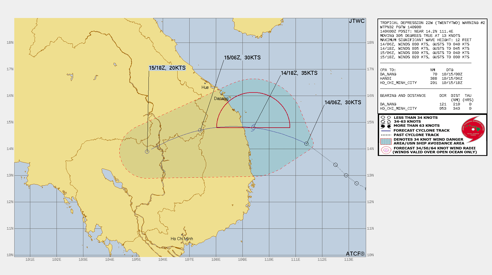 FORECAST REASONING.  SIGNIFICANT FORECAST CHANGES: THERE ARE NO SIGNIFICANT CHANGES TO THE FORECAST FROM THE PREVIOUS WARNING.  FORECAST DISCUSSION: TD 22W IS FORECAST TO TRACK WEST-NORTHWESTWARD TO WESTWARD THROUGH TAU 12 WITH LANDFALL OCCURRING JUST AFTER TAU 12. AFTER TAU 12, THE SYSTEM WILL TURN WEST-SOUTHWESTWARD AND WEAKEN RAPIDLY WITH DISSIPATION EXPECTED BY TAU 36.