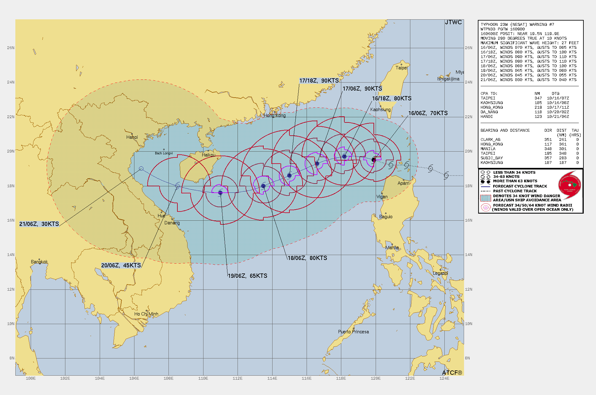 FORECAST REASONING.  SIGNIFICANT FORECAST CHANGES: THERE ARE NO SIGNIFICANT CHANGES TO THE FORECAST FROM THE PREVIOUS WARNING.  FORECAST DISCUSSION: THERE ARE NO MAJOR CHANGES IN TRACK FORECAST COMPARED TO THE PREVIOUS FORECAST. THE PRIMARY STEERING INFLUENCE FOR THE FIRST 24 HOURS REMAINS THE STR CENTERED EAST OF KYUSHU. THE STR IS BEING ERODED DUE TO THE APPROACH OF A DEEP TROUGH FROM THE WEST, INDUCING A WEAKNESS IN THE RIDGE OVER SOUTHEASTERN CHINA. HOWEVER THE BREAK IN THE RIDGE IS TOO FAR NORTH AND TOO WEAK TO PULL TY 23W TOO FAR NORTH AND THE SYSTEM WILL REACH AN INFLECTION POINT AND ITS MAXIMUM POLEWARD EXTENT BY TAU 12, BUT IS EXPECTED TO REMAIN SOUTH OF THE 20TH LATITUDE LINE. AFTER THIS POINT, A BUILDING RIDGE EXTENDING EAST FROM A STR CENTERED OVER NORTHEAST MYANMAR WILL ASSUME THE DOMINANT STEERING ROLE AND PUSH TY 23W ONTO A MORE SOUTHWESTWARD TRACK THROUGH TAU 72. THE RIDGE WILL SLIDE EAST TO A POSITION OVER TAIWAN BY TAU 72, AND TY 23W WILL TURN NORTHWESTWARD ALONG THE SOUTHWEST SIDE OF THIS RIDGE, MOVING INTO THE SOUTHERN GULF OF TONKIN BY TAU 120. AFTER THE RECENT BURST OF INTENSIFICATION, THE PACE SEEMS TO HAVE SLOWED, WITH THE WARMING CLOUD TOPS AND OBSCURATION OF THE EYE. BUT THE ENVIRONMENT REMAINS FAVORABLE FOR THE NEXT 24 TO 36 HOURS, AND IF THE FLARING CONVECTION CAN CONTINUE TO PUSH BACK AGAINST THE MODERATE SHEAR, THEN ANOTHER ROUND OF INTENSIFICATION IS LIKELY. THE FORECAST CALLS FOR THIS, WITH INTENSIFICATION UP TO 90 KNOTS BY TAU 24. THEREAFTER THE SHEAR VECTOR SHIFTS FROM EAST TO SOUTH AND INCREASES TO ABOVE 25 KNOTS, LEADING TO A SLOW BUT STEADY WEAKENING TREND AFTER TAU 36. LOW-LEVEL FLOW DISRUPTION DUE TO PROXIMITY TO HAINAN, COUPLED WITH DRY AIR ENTRAINMENT INTO THE CORE FROM THE WEST WILL QUICKEN THE PACE OF WEAKENING AFTER TAU 72 AND THE SYSTEM IS EXPECTED TO BE A WEAK TROPICAL DEPRESSION BY TAU 120.