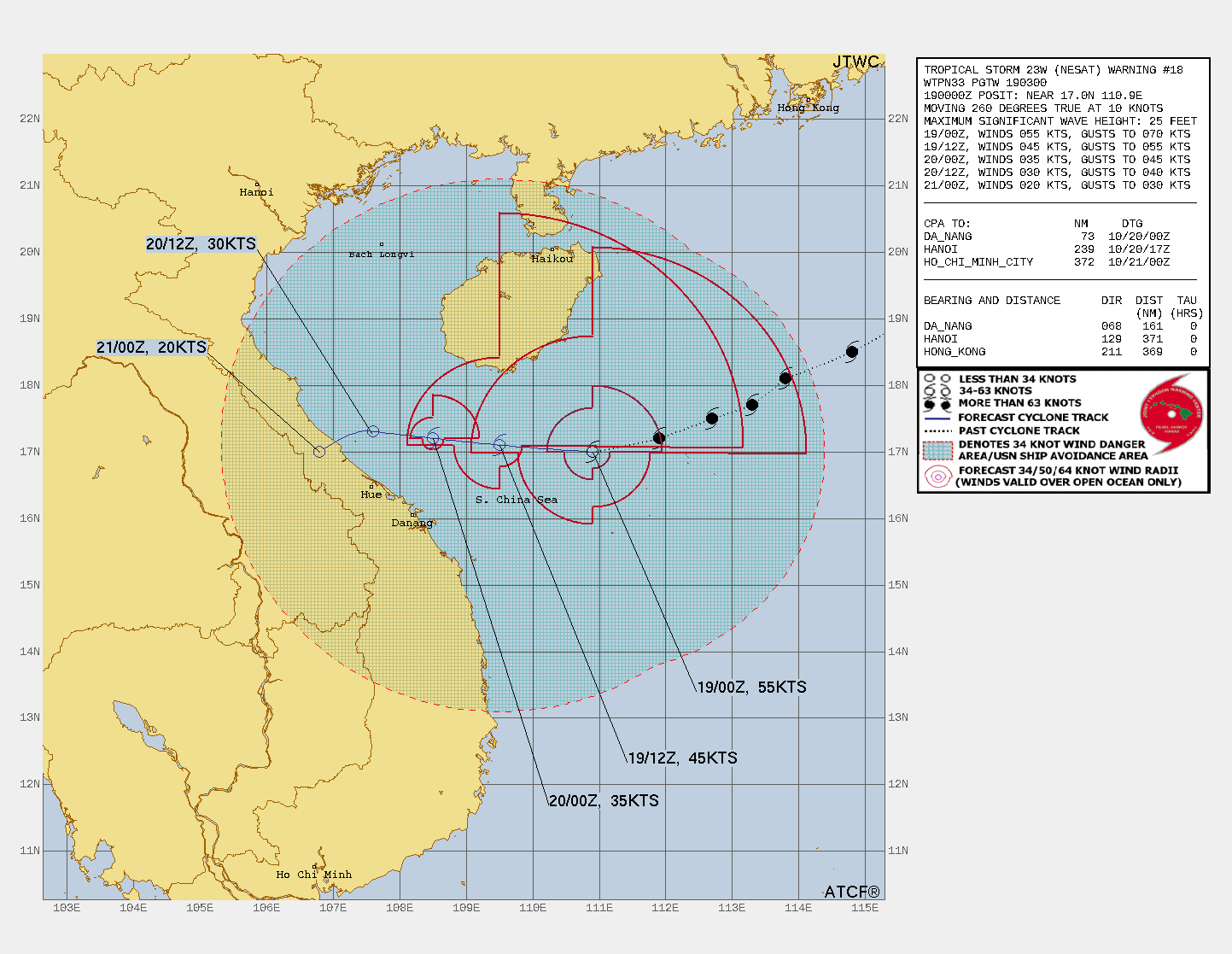 FORECAST REASONING.  SIGNIFICANT FORECAST CHANGES: THERE ARE NO SIGNIFICANT CHANGES TO THE FORECAST FROM THE PREVIOUS WARNING.  FORECAST DISCUSSION: TS NESAT WILL CONTINUE ON ITS WESTWARD TRACK UNDER THE STEERING INFLUENCE OF THE STR, MAKING A FINAL LANDFALL JUST NORTHWEST OF HUE, VIETNAM, JUST BEFORE TAU 48. THE HARSH ENVIRONMENT, CAUSED MOSTLY BY STRONG VERTICAL WIND SHEAR, COLD DRY AIR INTRUSION NEAR THE SURFACE, AND LAND INTERACTION WITH THE ISLAND OF HAINAN AND EVENTUALLY WITH VIETNAM, WILL CONTINUE TO RAPIDLY ERODE THE SYSTEM, LEADING TO DISSIPATION BY TAU 48, POSSIBLY SOONER.