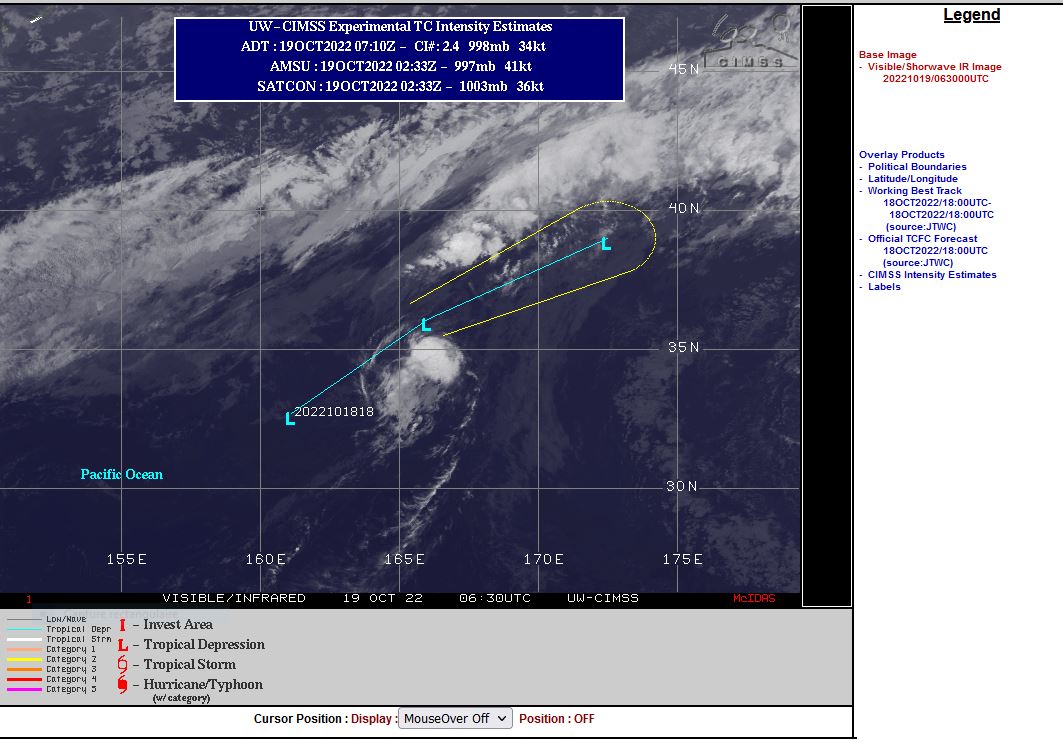 REMARKS: 182100Z POSITION NEAR 33.5N 162.3E. 18OCT22. TROPICAL DEPRESSION 24W (HAITANG), LOCATED APPROXIMATELY 632 NM NORTHEAST OF MINAMI TORI SHIMA, JAPAN HAS TRACKED NORTHEASTWARD AT 25 KNOTS OVER THE PAST SIX HOURS. THIS IS THE FINAL WARNING ON  THIS SYSTEM BY THE JOINT TYPHOON WRNCEN PEARL HARBOR HI. THE SYSTEM WILL BE CLOSELY MONITORED FOR SIGNS OF REGENERATION. MAXIMUM  SIGNIFICANT WAVE HEIGHT AT 181800Z IS 11 FEET.