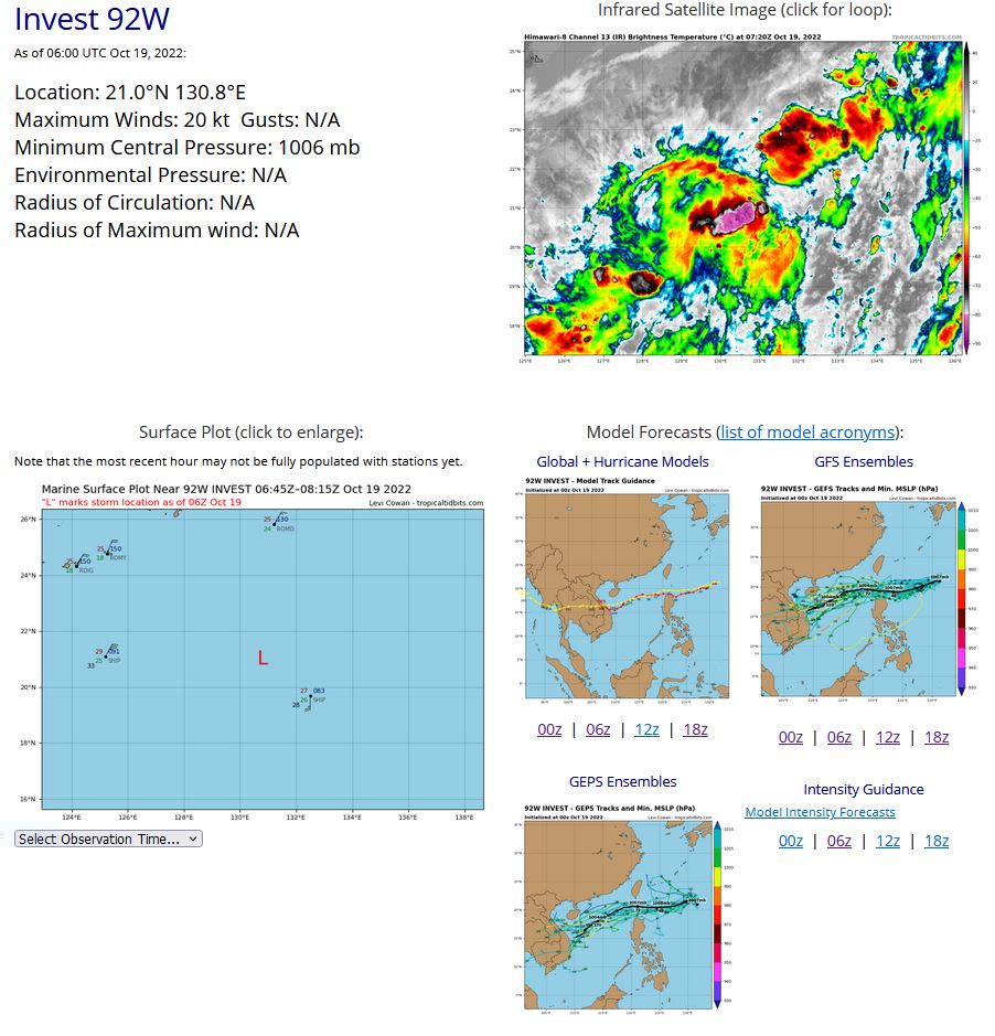 THE AREA OF CONVECTION (INVEST 92W) PREVIOUSLY LOCATED NEAR  19.8N 132.5E IS NOW LOCATED NEAR 21.0N 130.8E, APPROXIMATELY 540 NM  EAST-NORTHEAST OF APARRI, PHILIPPINES. ANIMATED ENHANCED INFRARED  SATELLITE IMAGERY REVEALS A BROAD LOW-LEVEL CIRCULATION WITH DEEP  CONVECTION ALONG A SOUTHWEST TO NORTHEAST AXIS ASSOCIATED WITH STRONG  EQUATORWARD OUTFLOW. ENVIRONMENTAL ANALYSIS INDICATES A FAVORABLE  ENVIRONMENT FOR INTENSIFICATION WITH 5-10KT VWS, STRONG UPPER LEVEL  DIVERGENCE, AND WARM (28-29C) SEA SURFACE TEMPERATURES. A 190500Z SHIP  OBSERVATION LOCATED APPROXIMATELY 118 NM TO THE SOUTHEAST REPORTS 30KT  WINDS FROM THE SOUTH AND PRESSURE OF 1008.5MB. NUMERICAL MODEL DATA  DISCLOSES SIMILAR AGREEMENT WITH PRESSURE, WINDS, AND A WEST- SOUTHWESTWARD TRACK IN THE SHORT TERM. MAXIMUM SUSTAINED SURFACE WINDS  ARE ESTIMATED AT 15 TO 20 KNOTS. MINIMUM SEA LEVEL PRESSURE IS  ESTIMATED TO BE NEAR 1006 MB. THE POTENTIAL FOR THE DEVELOPMENT OF A  SIGNIFICANT TROPICAL CYCLONE WITHIN THE NEXT 24 HOURS IS UPGRADED TO  MEDIUM.