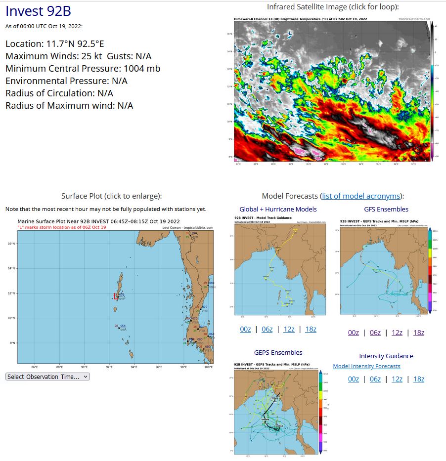 THE AREA OF CONVECTION (INVEST 92B) PREVIOUSLY LOCATED NEAR  12.1N 94.1E IS NOW LOCATED NEAR 11.7N 93.1E, APPROXIMATELY 21 NM EAST  OF PORT BLAIR, ANDAMAN ISLANDS. ANIMATED ENHANCED INFRARED SATELLITE  IMAGERY(EIR) SHOWS A PERSISTENT, DISORGANIZED DISTURBANCE IN THE  SOUTHEASTERN REGION OF THE ANDAMAN SEA WITH FRAGMENTED RAIN BANDS  WRAPPING INTO A WEAK, ELONGATED, AND ILL-DEFINED LOW LEVEL CIRCULATION  (LLC). A PARTIAL 181545Z ASCAT-B SHOWS THE WESTERN EDGE OF THE LLC WITH  A SMALL PATCH OF 20-KT WIND BARBS ALONG THE SOUTHERN PERIPHERY. UPPER- LEVEL ANALYSIS INDICATES INVEST 92B IS IN AN AREA WITH LOW (5-10 KNOT)  VWS AND MODERATE DIVERGENCE. SEA SURFACE TEMPERATURES ARE ALSO  CONDUCIVE AT 28-30C. HOWEVER, DUE TO THE LACK OF CONSOLIDATION WITH THE  DISTURBANCE, THE ENVIRONMENT IS OVERALL JUST MARGINALLY FAVORABLE.  GLOBAL MODELS ARE IN GOOD AGREEMENT THAT 92B WILL CONTINUE TO TRACK  GENERALLY NORTHWESTWARD. MAXIMUM SUSTAINED SURFACE WINDS ARE ESTIMATED  AT 20 TO 25 KNOTS. MINIMUM SEA LEVEL PRESSURE IS ESTIMATED TO BE NEAR  1006 MB. THE POTENTIAL FOR THE DEVELOPMENT OF A SIGNIFICANT TROPICAL  CYCLONE WITHIN THE NEXT 24 HOURS REMAINS LOW.