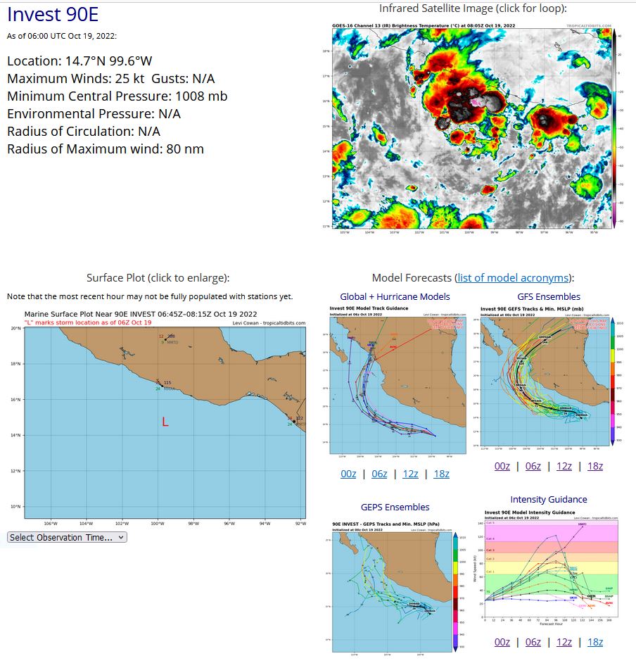 Tropical Weather Outlook NWS National Hurricane Center Miami FL 1100 PM PDT Tue Oct 18 2022  For the eastern North Pacific...east of 140 degrees west longitude:  1. Offshore of Southern Mexico: Shower and thunderstorm activity is starting to become more  concentrated in association with a trough of low pressure located a  couple hundred miles south of the southern coast of Mexico.  Environmental conditions appear conducive for additional development  and a tropical depression is expected to form in the next day or two  as the system moves generally west-northwestward, parallel to the  southwestern coast of Mexico. Interests along the southwestern coast  of Mexico should monitor the progress of this system. Additional  information on this system, including gale warnings, can be found in  High Seas Forecasts issued by the National Weather Service.  * Formation chance through 48 hours...high...90 percent. * Formation chance through 5 days...high...90 percent.