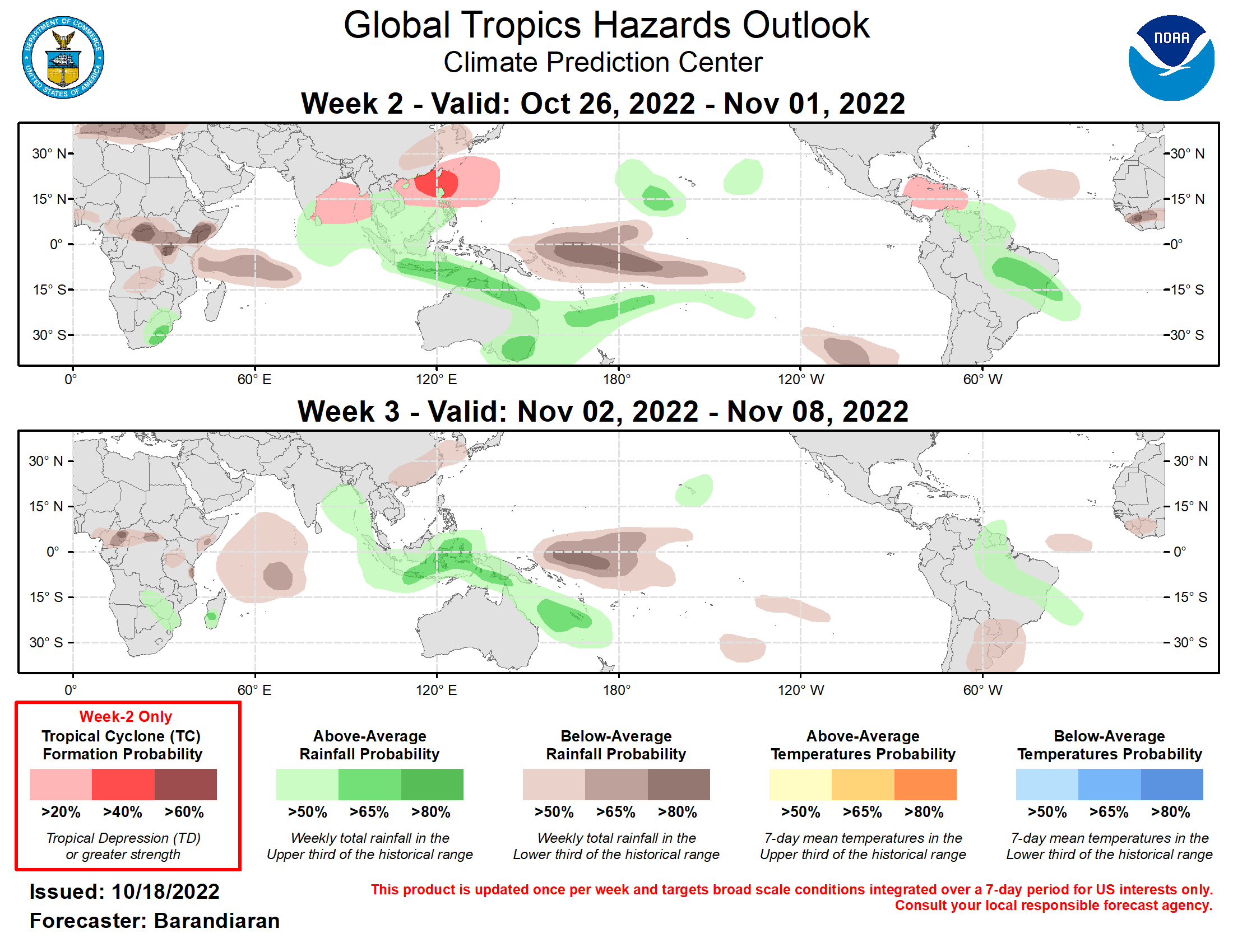 There has been a recent uptick in Madden-Julian Oscillation (MJO) activity over the western Pacific, with the RMM index steadily propagating eastward during the month of October. Looking ahead however, the consensus among dynamical model RMM forecasts is for a halt to eastward propagation of tropical convection where the RMM index depicts a nearly stationary MJO signal in phases 6 and 7 with a weakened amplitude near the unit circle for the coming three week period. The large scale environment is expected to remain conducive for TC genesis in the West Pacific, with lower odds for development in the East Pacific and Atlantic Basins.  Tropical cyclone (TC) activity has been high over the last week in the West Pacific. Tropical Depression 21W formed several hundred miles east of Taipan on Oct 12 and meandered in open waters before dissipating a few days later. TC Sonca formed in the South China Sea Oct 13 and came ashore over Vietnam on Oct 15th. Typhoon Nesat formed in the Philippine Sea Oct 14 and is currently moving westward towards the Vietnam coast. TC Haitang formed several hundred miles SE of Mainland Japan on Oct 17. It is currently tracking northwest and is not anticipated to affect land. For the latest on Nesat and Haitang please refer to advisories from the Joint Typhoon Warning Center.  Looking ahead to week 2, the near-stationary MJO and La Niña base state provide favorable conditions for continued TC formation for the West Pacific and the Bay of Bengal (BoB). Chances of cyclogenesis for the BoB peak in week 1 but ECMWF solutions hold on to a modest probability of continued TC activity in the BoB into week-2 and beyond. Model guidance from the ECMWF and GEFS also indicate heightened probabilities of TC formation during the week-2 time period covering a broad area from the South China Sea eastward into Philippine Sea and Pacific waters south of Japan. In the Caribbean Sea, both the GEFS and ECMWF show an increased probability of TC formation in week two, with relaxing vertical shear and SSTs still warm enough to fuel TC genesis.  The precipitation outlook for the next two weeks is based on anticipated TC tracks, ongoing La Nina conditions, and consensus of GEFS, CFS, and ECMWF ensemble mean solutions. Suppressed (enhanced) rainfall continues near and to the west of the Date Line (over the Maritime Continent) due to ongoing La Nina conditions and anticipated MJO phase. Probabilities of above-normal precipitation also favored along the northern and eastern coasts of Australia especially during week-2, which will likely be problematic given the recent widespread flooding that has been plaguing the region. Portions of Brazil and the northern coastal countries of South America are also favored for above-normal precipitation for both weeks 2 and 3.  For hazardous weather conditions in your area during the coming two-week period, please refer to your local NWS office, the Medium Range Hazards Forecast produced by the Weather Prediction Center, and the CPC Week-2 Hazards Outlook. Forecasts made over Africa are made in coordination with the International Desk at CPC.