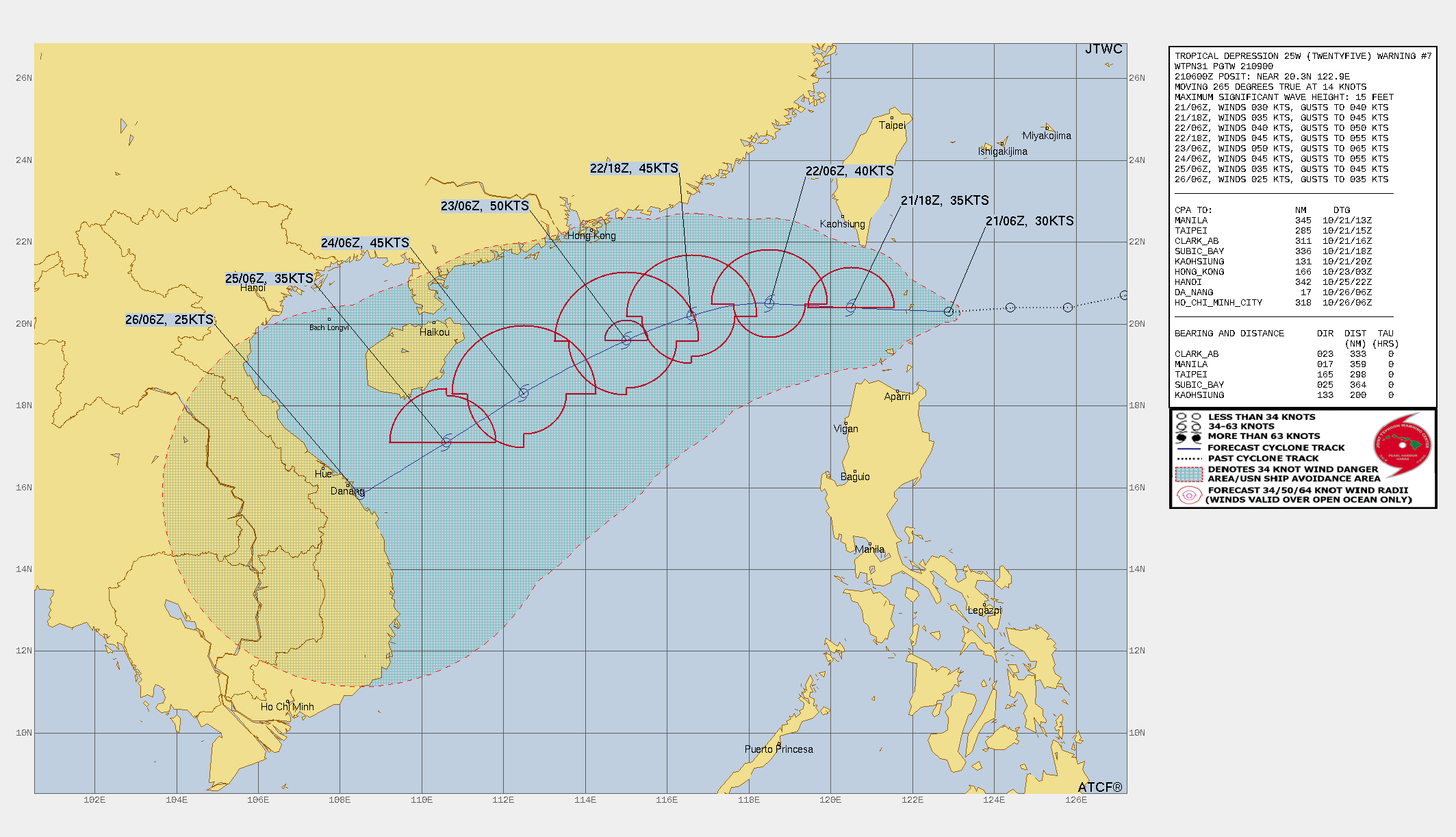 FORECAST REASONING.  SIGNIFICANT FORECAST CHANGES: THERE ARE NO SIGNIFICANT CHANGES TO THE FORECAST FROM THE PREVIOUS WARNING.  FORECAST DISCUSSION: THE SYSTEM IS EXPECTED TO CONTINUE TRACKING WEST OF THE NEXT 24 TO 36 HOURS AS THE RIDGE COMPLEX TO THE NORTH REMAINS FIRMLY ENTRENCHED. FORWARD SPEED WILL SLOW A BIT TOWARDS TAU 36 AS A BUILDING STR CENTERED OVER THE CHINA-VIETNAM BORDER WILL TAKE OVER AS THE PRIMARY STEERING INFLUENCE. BY TAU 48, TD 25W WILL BE ON A SOUTHWESTWARD TRAJECTORY THAT WILL CONTINUE THROUGH THE REMAINDER OF THE FORECAST.  TD 25W CONTINUES TO CONSOLIDATE BUT AT A SLOW PACE. PRESSURES REMAIN FAIRLY HIGH AT BASCO AND ITBAYAT (AROUND 1010 MB), MEANING THAT TD 25W HAS AN EXTREMELY SMALL INNER CORE, AND IS THUS MORE SUSCEPTIBLE TO SMALL-SCALE INFLUENCES, SUCH AS ENTRAINMENT OF RELATIVELY STABLE AIR INTO THE WESTERN SIDE OF THE SYSTEM, WHICH WILL CONTINUE TO AFFECT THE INNER STRUCTURE FOR THE NEXT 12 HOURS OR SO. THUS INTENSIFICATION IS EXPECTED TO BE SLOW, AROUND 10 KNOTS PER DAY, DUE TO THE COMPETING AND OFFSETTING INFLUENCES OF LOW VWS, WEAK UPPER-LEVEL OUTFLOW AND ENTRAINMENT OF RELATIVELY MORE STABLE AIR IN THE WESTERN PERIPHERY. THE PEAK INTENSITY HAS BEEN LOWERED TO 50 KNOTS, EXPECTED TO BE REACHED BY TAU 48. THEREAFTER, CONVERGENT FLOW ALOFT CAUSED BY THE ASYMMETRIC POSITIONING OF THE 200MB ANTICYCLONE TO THE NORTH OF THE SYSTEM, COMBINED WITH A MODEST INCREASE IN EASTERLY SHEAR, WILL COMBINE TO SMOTHER THE SYSTEM AND LEAD TO RAPID WEAKENING AFTER TAU 72. BUT THE END OF THE FORECAST THE SYSTEM IS EXPECTED TO BE NEAR LANDFALL NEAR DA NANG, VIETNAM, AS A WEAK TROPICAL DEPRESSION.