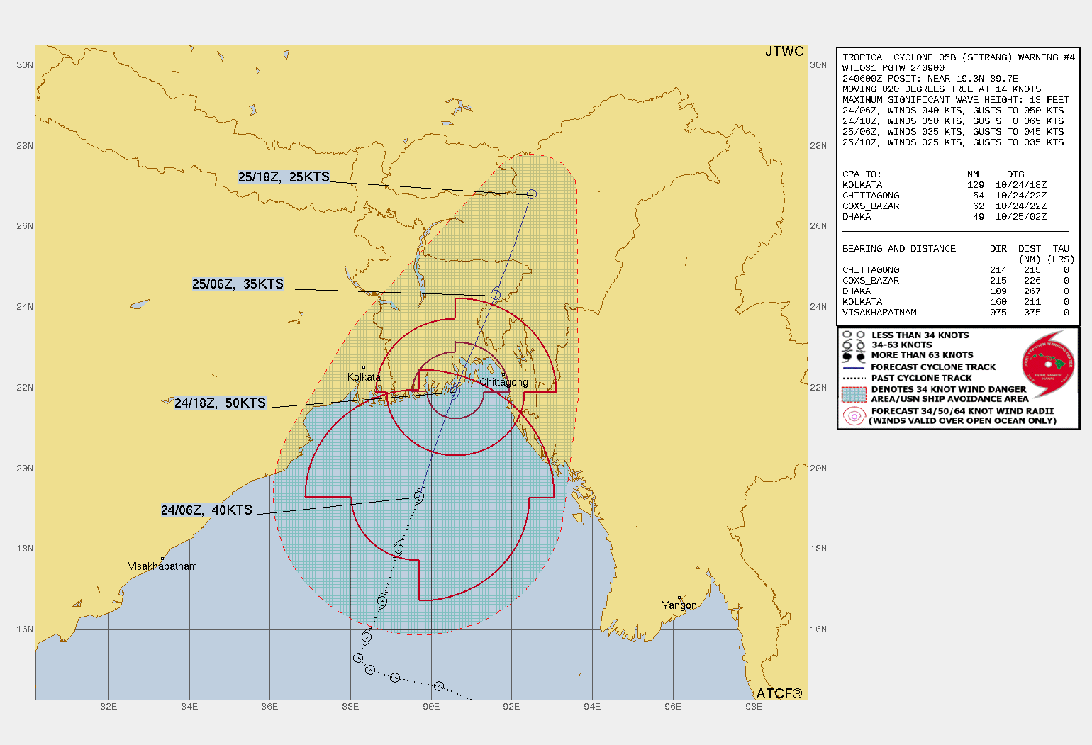 FORECAST REASONING.  SIGNIFICANT FORECAST CHANGES: THERE ARE NO SIGNIFICANT CHANGES TO THE FORECAST FROM THE PREVIOUS WARNING.  FORECAST DISCUSSION: TROPICAL CYCLONE (TC) 05B IS FORECAST TO CONSOLIDATE THROUGH TAU 12 UNDER FAVORABLE CONDITIONS AS IT TRACKS POLEWARD ALONG THE WESTERN PERIPHERY OF THE NORTH-SOUTH ORIENTED STR. AFTER TAU 12, INTERACTION WITH LAND AND INCREASING VERTICAL WIND SHEAR WILL CONTRIBUTE TO A STEADY WEAKENING TREND AND EVENTUAL DISSIPATION OVER BANGLADESH BY TAU 36. HOWEVER, THE LARGE SYSTEM IS EXPECTED TO PRODUCE HEAVY RAINFALL ACROSS BANGLADESH, INCLUDING THE EASTERN REGION NEAR CHITTAGONG AND COX'S BAZAR.