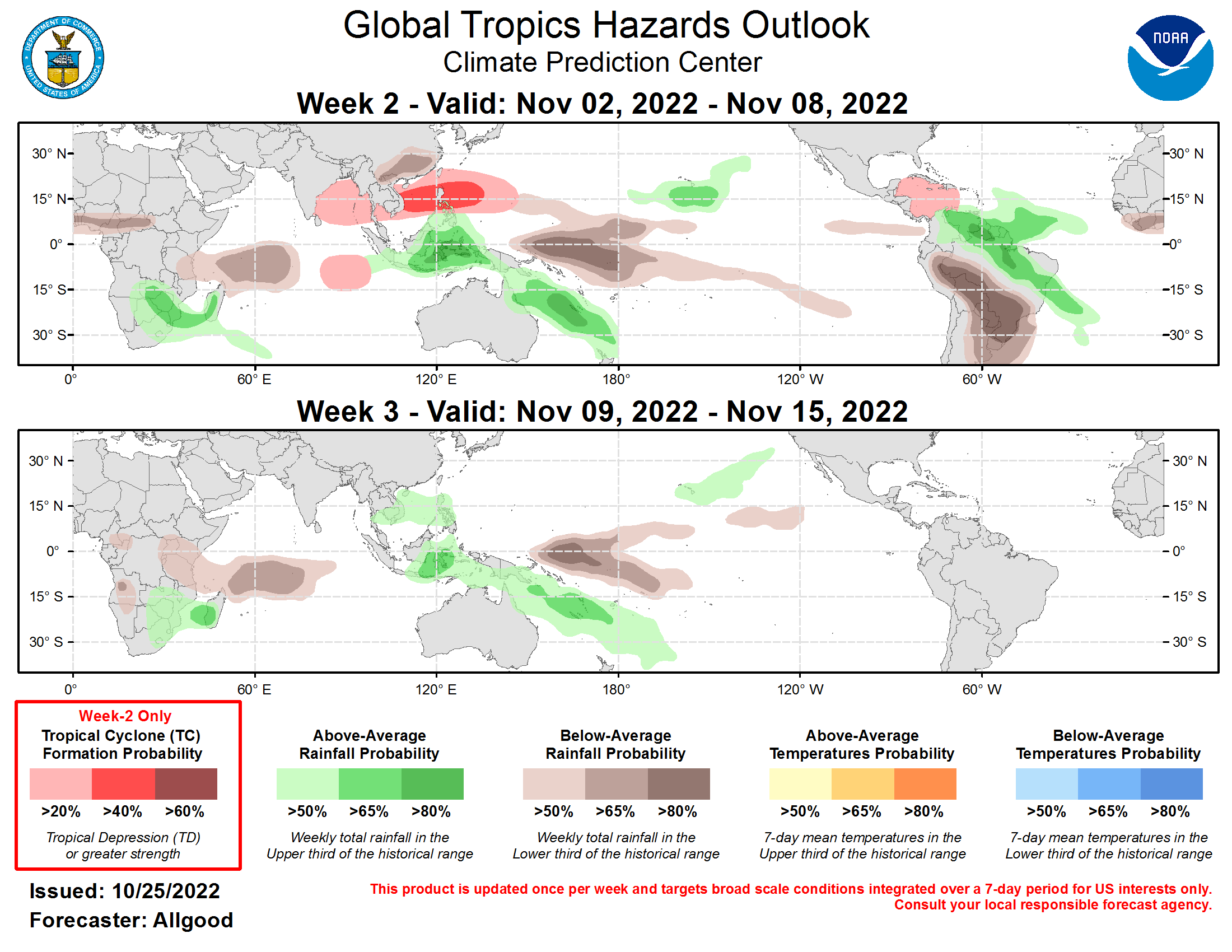 Valid - 11/02/22 - 11/15/22 ﻿Following a period of active Madden-Julian Oscillation (MJO) activity that crossed the Indian Ocean and Maritime Continent during early October, the intraseasonal signal became less apparent through late October. The RMM-based MJO index exhibits a fairly high amplitude signal over the West Pacific (Phase-6), albeit without an established eastward propagation, while the CPC velocity potential based MJO index is weak, reflecting an incoherent upper-level pattern. Destructive interference with the ongoing La Niña across the Equatorial Pacific is likely the culprit for the breakdown in the MJO signal, as it has been for the past several months. Unlike previous events, however, the intraseasonal signal this time has contributed to widespread convection across the Northwest Pacific that is moving slowly poleward. This convective feature aliases well into RMM Phase-6 precipitation composites, and may be contributing to the high amplitude of the RMM-based MJO index.  Dynamical model MJO index forecasts are fairly consistent, depicting a potential for a brief retrogression of the signal tied to Rossby wave activity over the Maritime Continent, and then fairly rapid eastward propagation, with the index shifted notably towards the West Pacific, suggesting at least a temporary weakening of the La Niña base state over the next several weeks as Kelvin waves traverse the globe. Dynamical model forecasts do not depict a breakdown of the enhanced trade wind regime over the Pacific, though pronounced envelopes of low-level westerly wind anomalies are possible both north and south of the Equator. Since these westerly wind events are not centered on the Equator, it is unlikely that this activity will substantially weaken the cold ENSO event; however, it is possible that a weak downwelling oceanic Kelvin wave may be initiated heading into the Boreal winter season.  Two tropical cyclones (TCs) formed during the past week. Hurricane Roslyn formed over the East Pacific on 20 October, strengthening to Category-3 intensity on the Saffir-Simpson scale with sustained winds of 115kt prior to landfall in the Nayarit state along Mexico’s southern coast. Hurricane Roslyn brought widespread winds, flooding, and surge impacts to a region recently impacted by Hurricane Orlene. Tropical Storm Sitrang formed over the northern Bay of Bengal on 23 October before moving inland over Bangladesh and generating widespread flooding.  Following a brief break in TC formations, the West Pacific is favored to become active again, with the Joint Typhoon Warning Center currently monitoring Invest 93W east of the Philippines. With a continuation of enhanced convection across the Northwest Pacific favored, the potential for tropical cyclogenesis will continue into the Week-2 period, with dynamical models showing potential formations across either the South China Sea or east of the Philippines. There is also a potential for disturbances emerging over the Bay of Bengal to develop into a TC during Week-2. Additionally, Rossby wave activity favors a potential for westerly wind bursts over the eastern Indian Ocean, which may provide an opportunity for TC development over the southern Indian Ocean. Across the Atlantic basin, the TC climatology decreases rapidly in early November; however, any remnant MJO signal that crosses over the Western Hemisphere during Week-2 may provide a favorable environment for TC development over the western Caribbean Sea, and this potential is highlighted by both the GEFS and ECMWF ensemble systems.  The precipitation outlook for Weeks 2-3 is based on a consensus of GEFS, ECMWF, and CFS ensemble model guidance, and the expectation that the atmospheric response to ongoing La Niña conditions will remain the dominant driver of global tropical convective anomalies despite any destructive interference from remnant MJO or Kelvin wave activity. Therefore, a dipole of enhanced (suppressed) convection across the Maritime Continent (central Pacific) is the most prominent feature. Suppressed convection is favored for the western Indian Ocean during both Week-2 and Week-3, and a dipole of suppressed (enhanced) rainfall across southern Brazil, northern Argentina, Paraguay, and Uruguay (northern South America to the tropical Atlantic) is favored for Week-2. Below-average temperatures are favored across eastern Australia and much of South America during early Week-2, but freezing temperatures in agriculturally vulnerable locations is not anticipated.