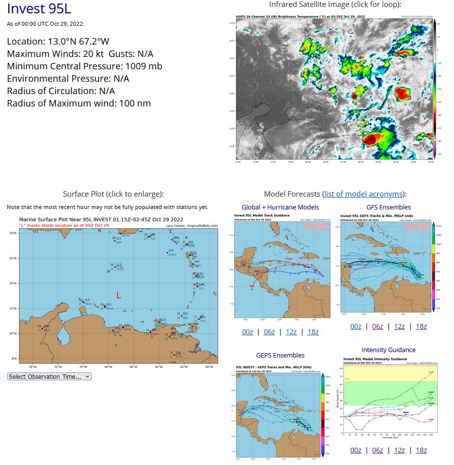Tropical Weather Outlook NWS National Hurricane Center Miami FL 200 AM EDT Sat Oct 29 2022  For the North Atlantic...Caribbean Sea and the Gulf of Mexico:  1. Eastern Caribbean: A broad area of low pressure over the eastern Caribbean Sea  continues to produce disorganized showers and thunderstorms  extending from the Windward Islands west-northwestward for several  hundred miles.  Environmental conditions are forecast to be  conducive for gradual development over the next few days, and a  tropical depression is likely to form this weekend or early next  week while the disturbance moves slowly westward or  west-northwestward over the central Caribbean Sea.  Regardless of  development, locally heavy rainfall is possible over portions of the  Lesser Antilles, the Virgin Islands, and Puerto Rico through this  weekend.  * Formation chance through 48 hours...low...30 percent. * Formation chance through 5 days...high...70 percent.