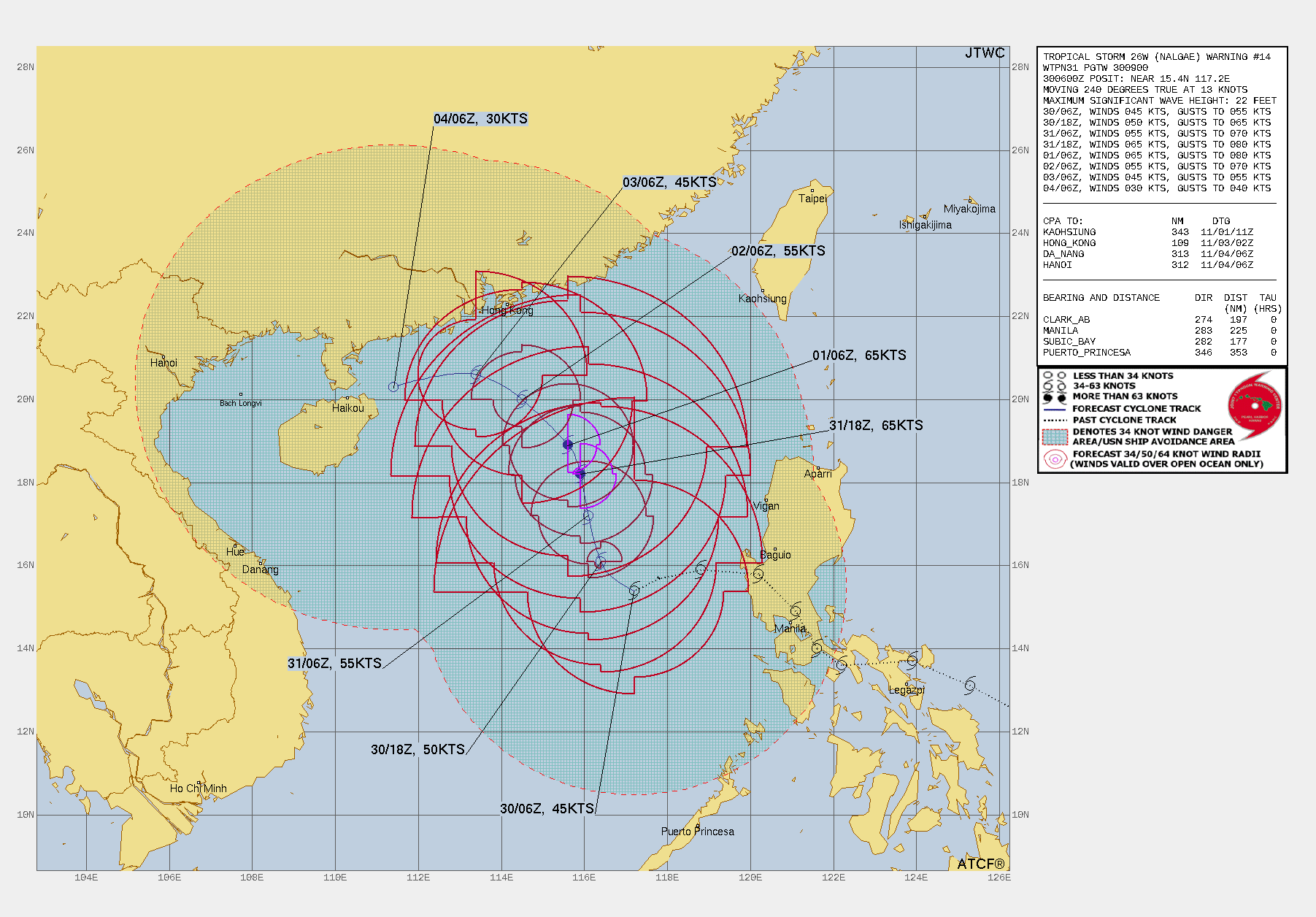 FORECAST REASONING.  SIGNIFICANT FORECAST CHANGES: THERE ARE NO SIGNIFICANT CHANGES TO THE FORECAST FROM THE PREVIOUS WARNING.  FORECAST DISCUSSION: OVER THE PAST 12 HOURS, TROPICAL STORM 26W HAS EMERGED INTO THE SOUTH CHINA SEA (SCS) MOVING WEST-SOUTHWEST. THE CURRENT CONVECTIVE STRUCTURE STILL SUGGEST THE LACK OF PROGRESS TOWARD A VERTICALLY STACKED, SYMMETRICAL CORE, THEREFORE THE SYSTEM WILL CONTINUE TO DEVELOP SLOWLY. BY TAU 12, TS 26W WILL BEGIN TO TURN AND TRACK NORTHWESTWARD, AS MODEL GUIDANCE INDICATES THE WESTERN SIDE OF THE STR WILL ERODE AND WEAKEN AHEAD OF AN APPROACHING MID-LATITUDE TROUGH. AFTER TAU 12, TS 26W WILL HOLD STEADY ON A NORTH-NORTHWEST TRACK THROUGH TAU 48, HOWEVER TRACK SPEED IS FORECAST TO BE RATHER SLOW AS THE STEERING GRADIENTS ARE NOT STRONG. ADDITIONALLY, THE SYSTEM IS EXPECTED TO SLOWLY RECONSOLIDATE, AS AN UPPER-LEVEL POINT SOURCE ALOFT IS ANTICIPATED TO DEVELOP ALOFT ALONG WITH THE POSSIBILITY OF INCREASED POLEWARD OUTFLOW BY TAU 36. THESE IMPROVED ENVIRONMENTAL FACTORS WILL ALLOW FOR STEADY INTENSIFICATION TO A PEAK OF 65 TO 70 KNOTS BY TAU 48. HOWEVER, BY TAU 72, THE SYSTEM WILL BE IMPACTED BY COOLING SSTS, INCREASING VERTICAL WIND SHEAR, ALONG WITH DRY AIR ENTRAINMENT WHICH WILL LEAD TO A STEADY WEAKENING TREND THROUGH TAU 120. FURTHERMORE, THE STEERING PATTERN EVOLVES, AS THE STR TO THE EAST BUILDS WESTWARD, ALONG WITH LOWER-LEVEL FLOW OUT OF THE NORTH-NORTHEAST WHICH WILL THEN STEER THE SYSTEM SHARPLY TO THE NORTHWEST AND THEN WEST-NORTHWEST THROUGH TAU 120.