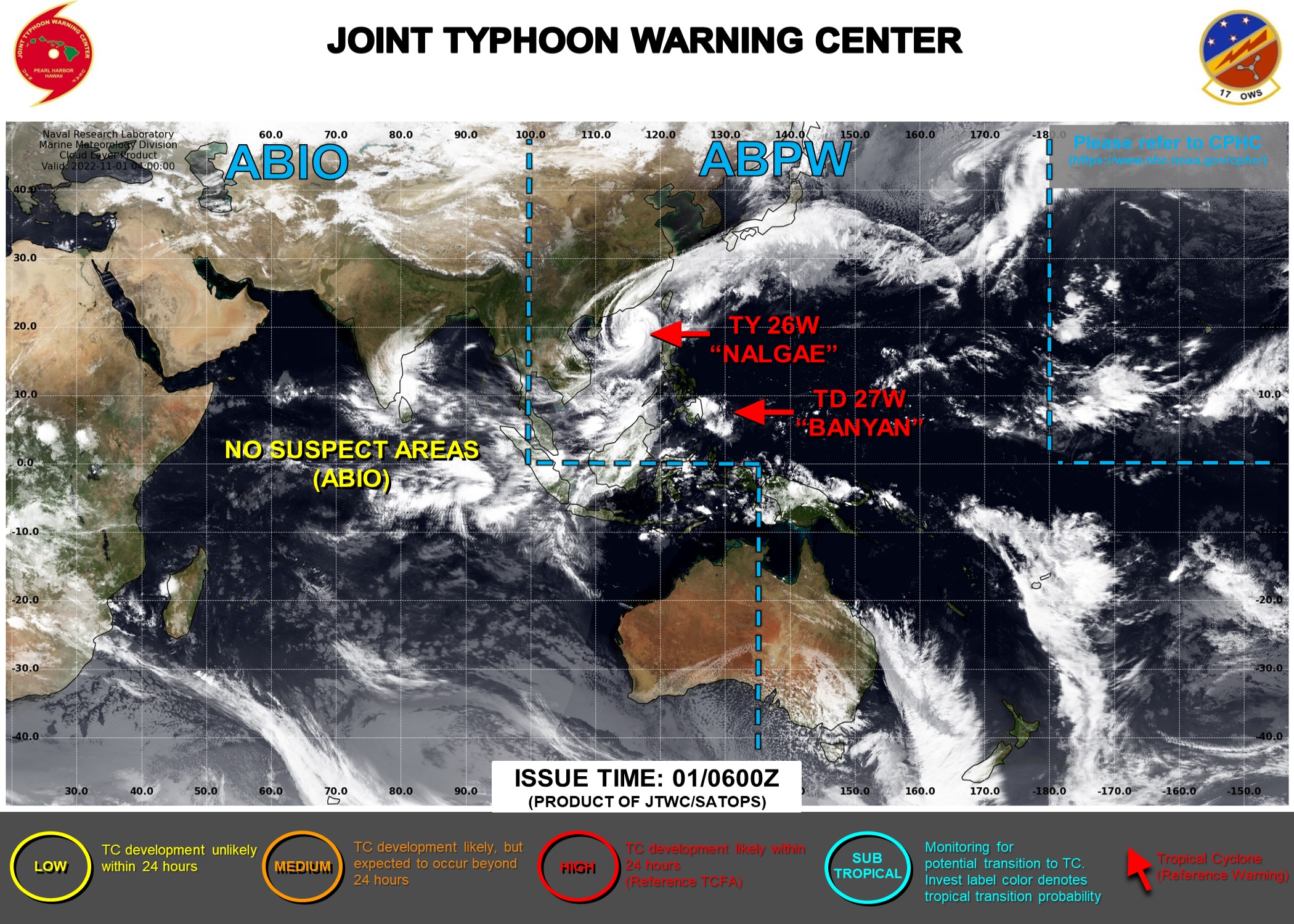 JTWC IS ISSUING 6HOURLY WARNINGS AND 3HOURLY SATELLITE BULLETINS ON 26W(NALGAE). 3HOURLY SATELLITE BULLETINS ARE STILL ISSUED ON THE REMNANTS OF 27W(BANYAN).